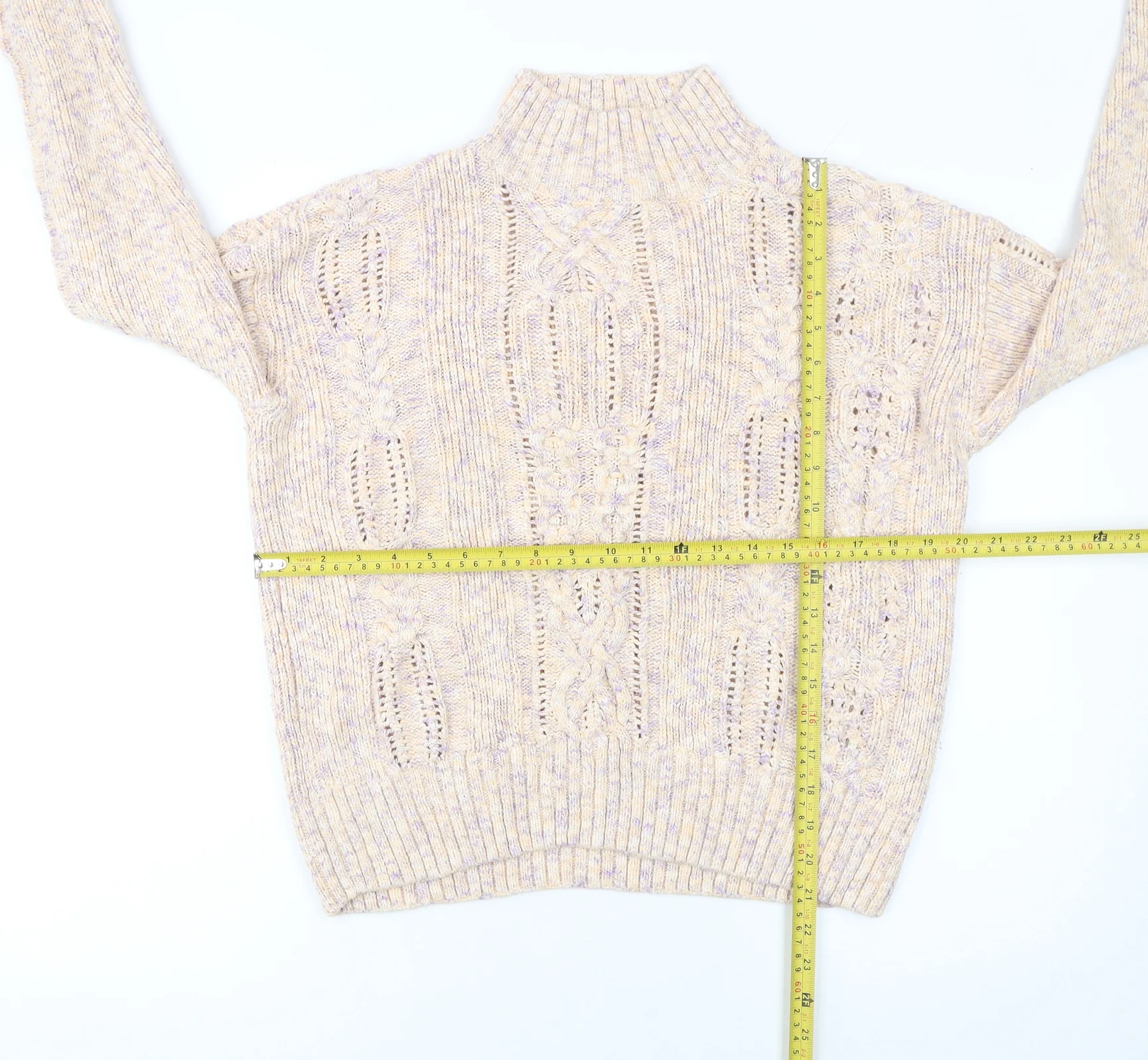 Marks and Spencer Women’s Beige Cotton Mock Neck Cable Knit Jumper Size 14 - Image 2