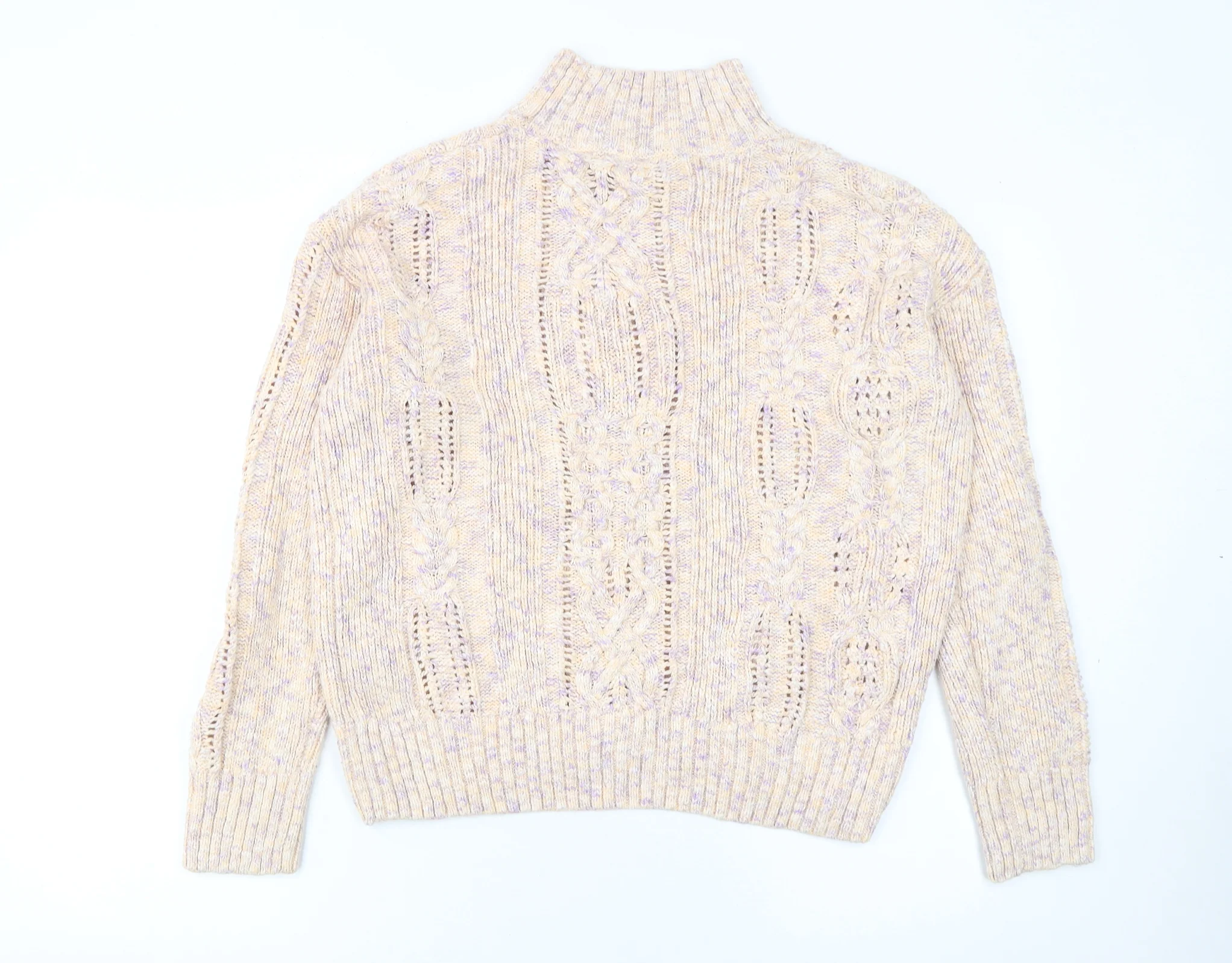 Marks and Spencer Women’s Beige Cotton Mock Neck Cable Knit Jumper Size 14 - Image 3