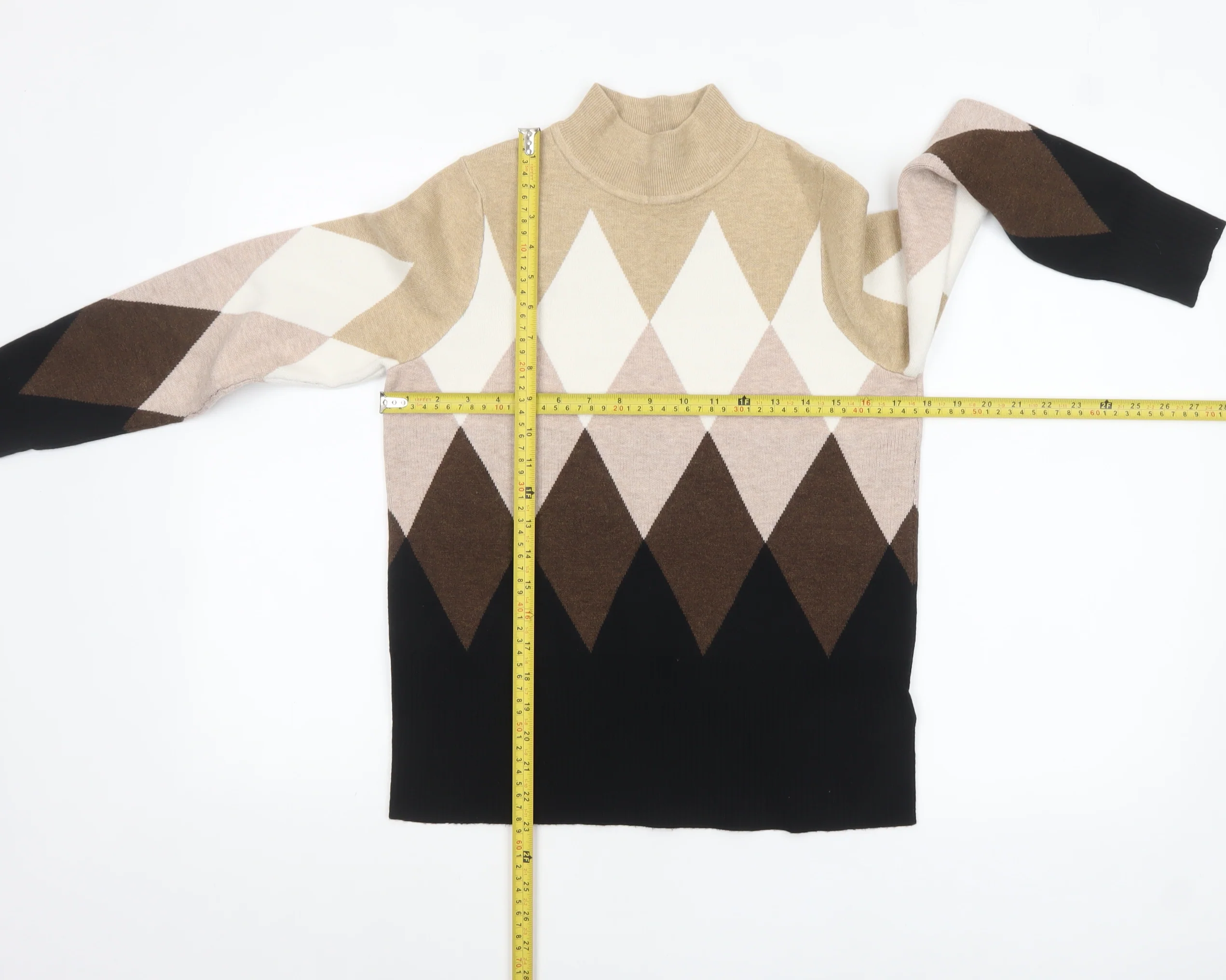 Marks and Spencer Women’s Beige Mock Neck Argyle Jumper Size 12 - Image 2