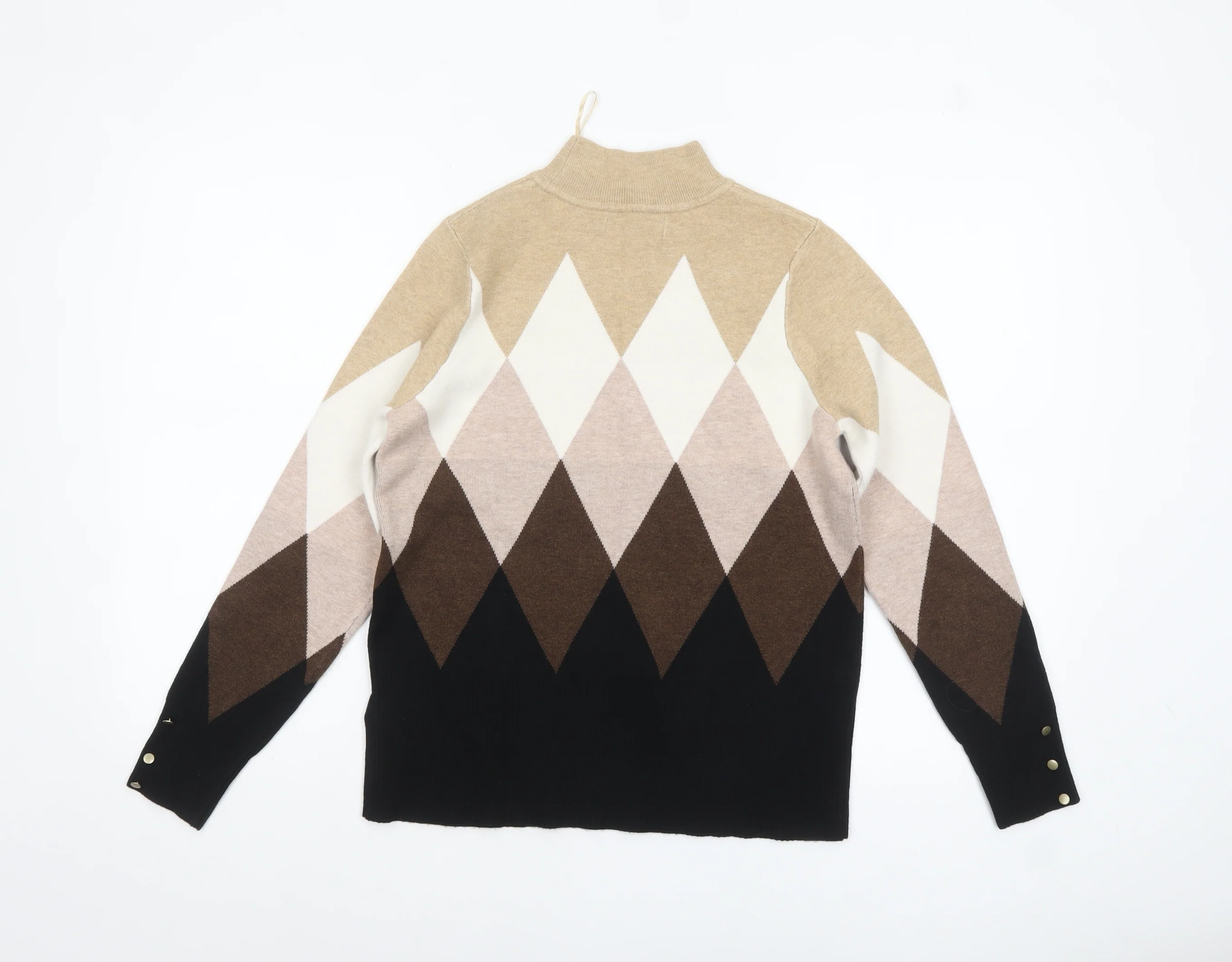 Marks and Spencer Women’s Beige Mock Neck Argyle Jumper Size 12 - Image 3