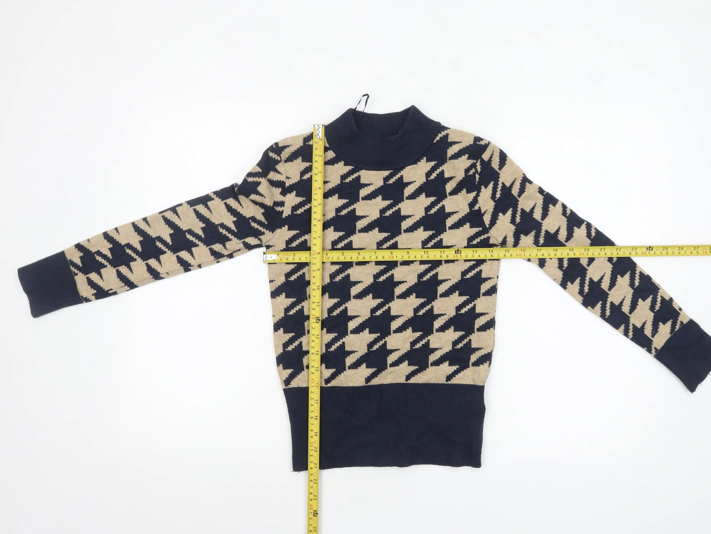 Marks and Spencer Women’s Beige & Navy Mock Neck Houndstooth Jumper Size 8 - Image 2