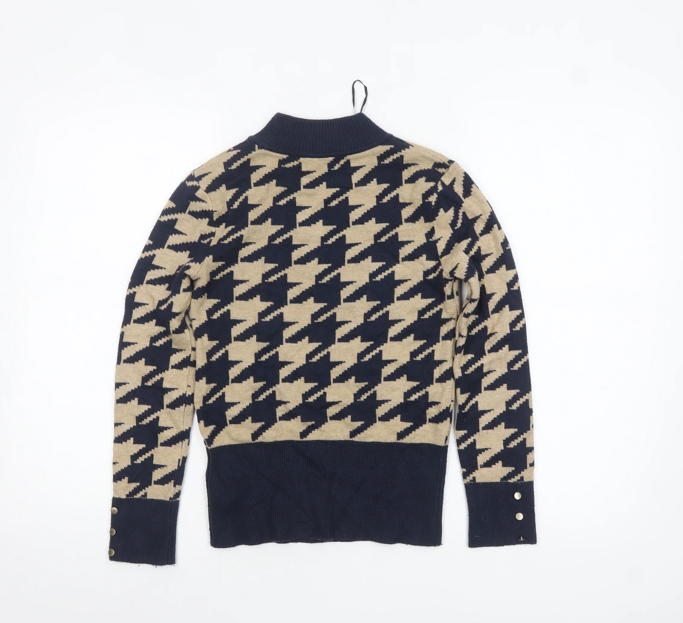 Marks and Spencer Women’s Beige & Navy Mock Neck Houndstooth Jumper Size 8 - Image 3