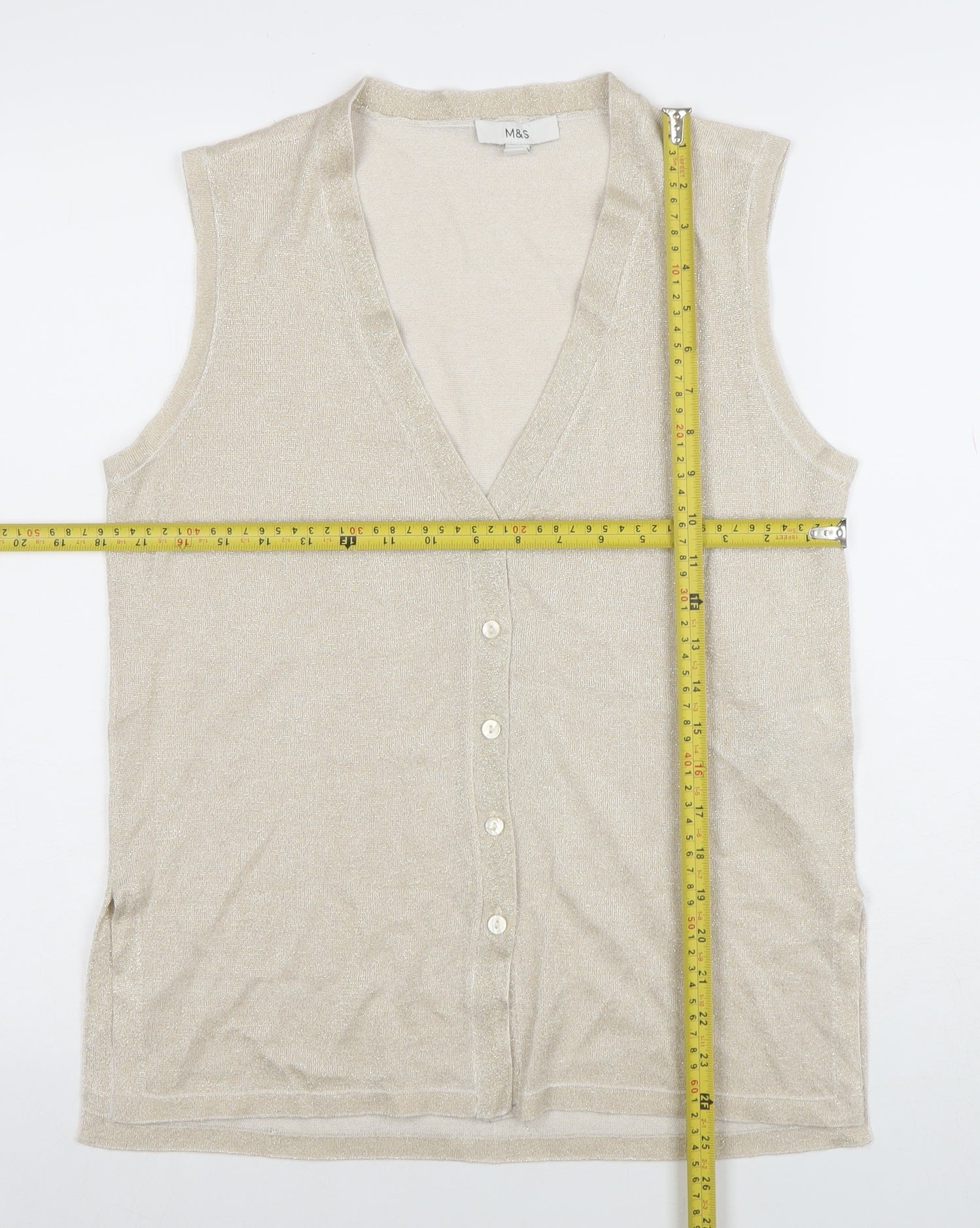 Marks and Spencer Women’s Beige Sleeveless Knit V-Neck Button Blouse Size M - Image 2