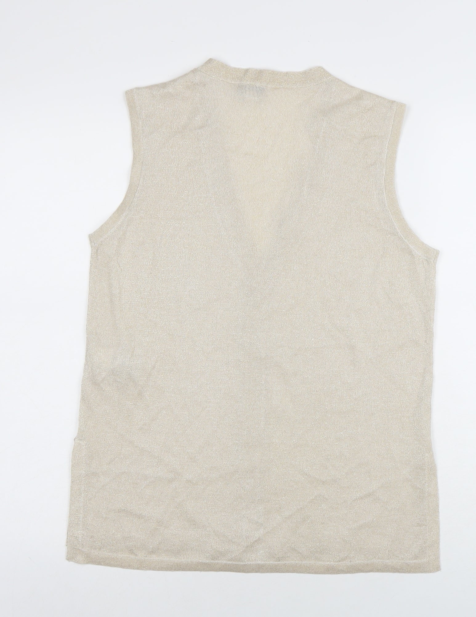Marks and Spencer Women’s Beige Sleeveless Knit V-Neck Button Blouse Size M - Image 3