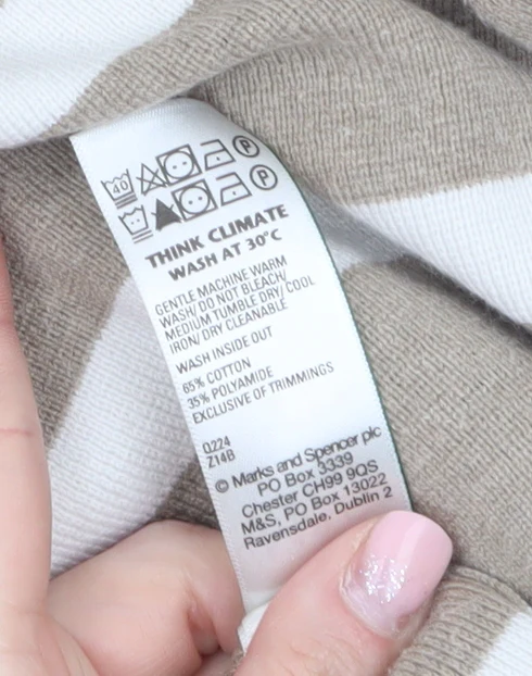 Marks and Spencer Women’s Beige Striped V-Neck Cotton Jumper M - Image 4