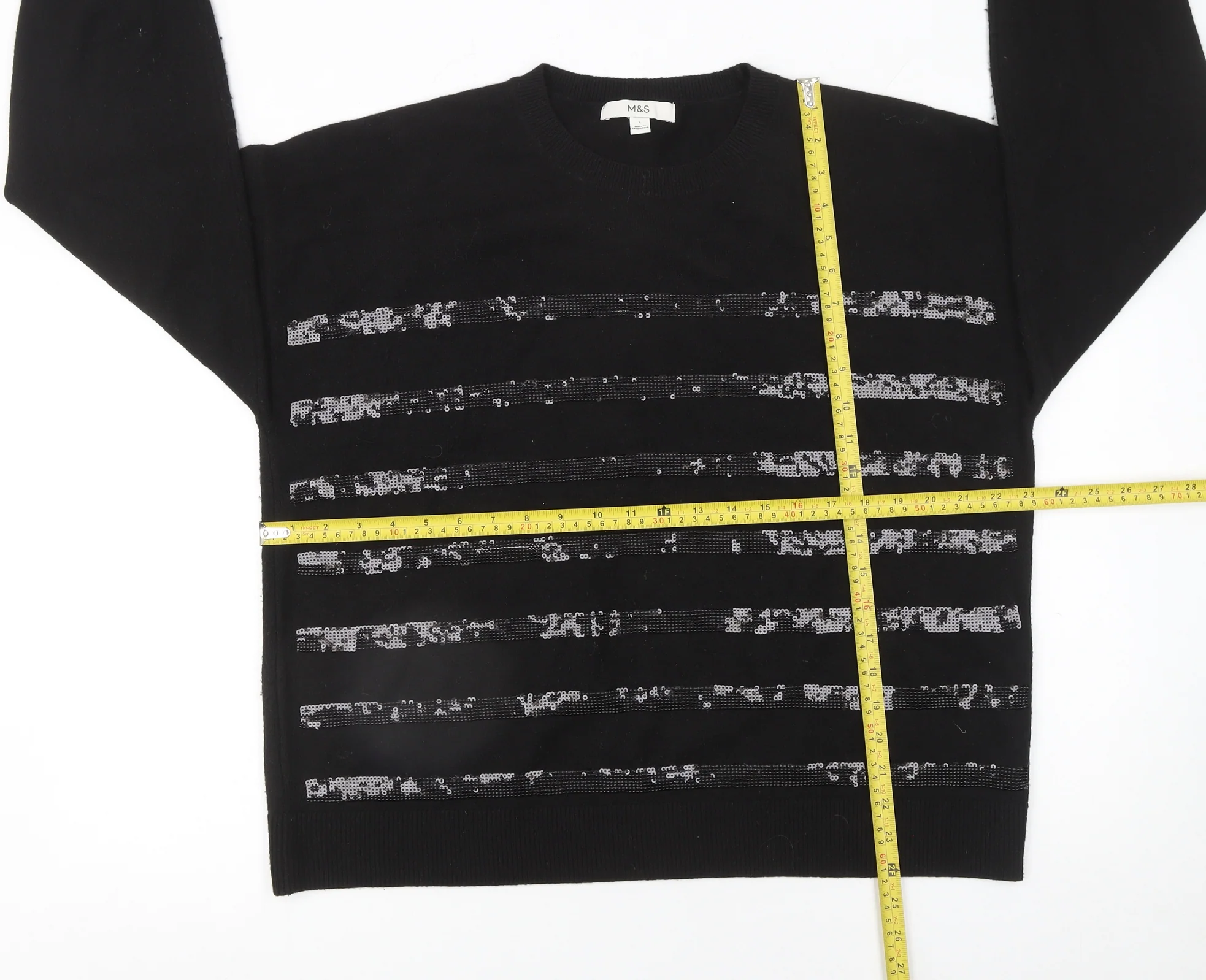 Marks and Spencer Women’s Black Sequin Stripe Jumper Size L - Image 2