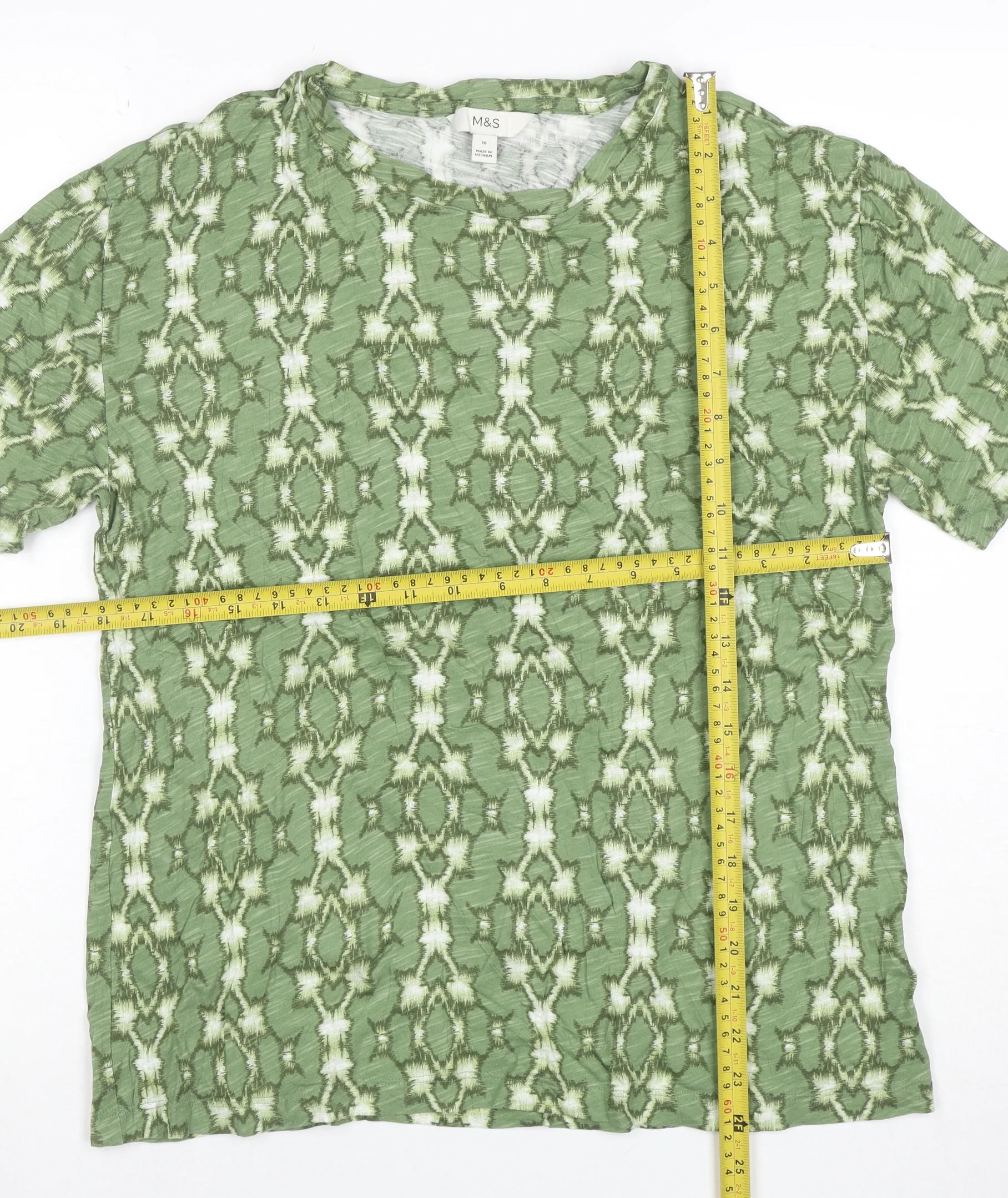 Marks and Spencer Women’s Green Geometric Cotton Modal T-Shirt Size 10 - Image 2