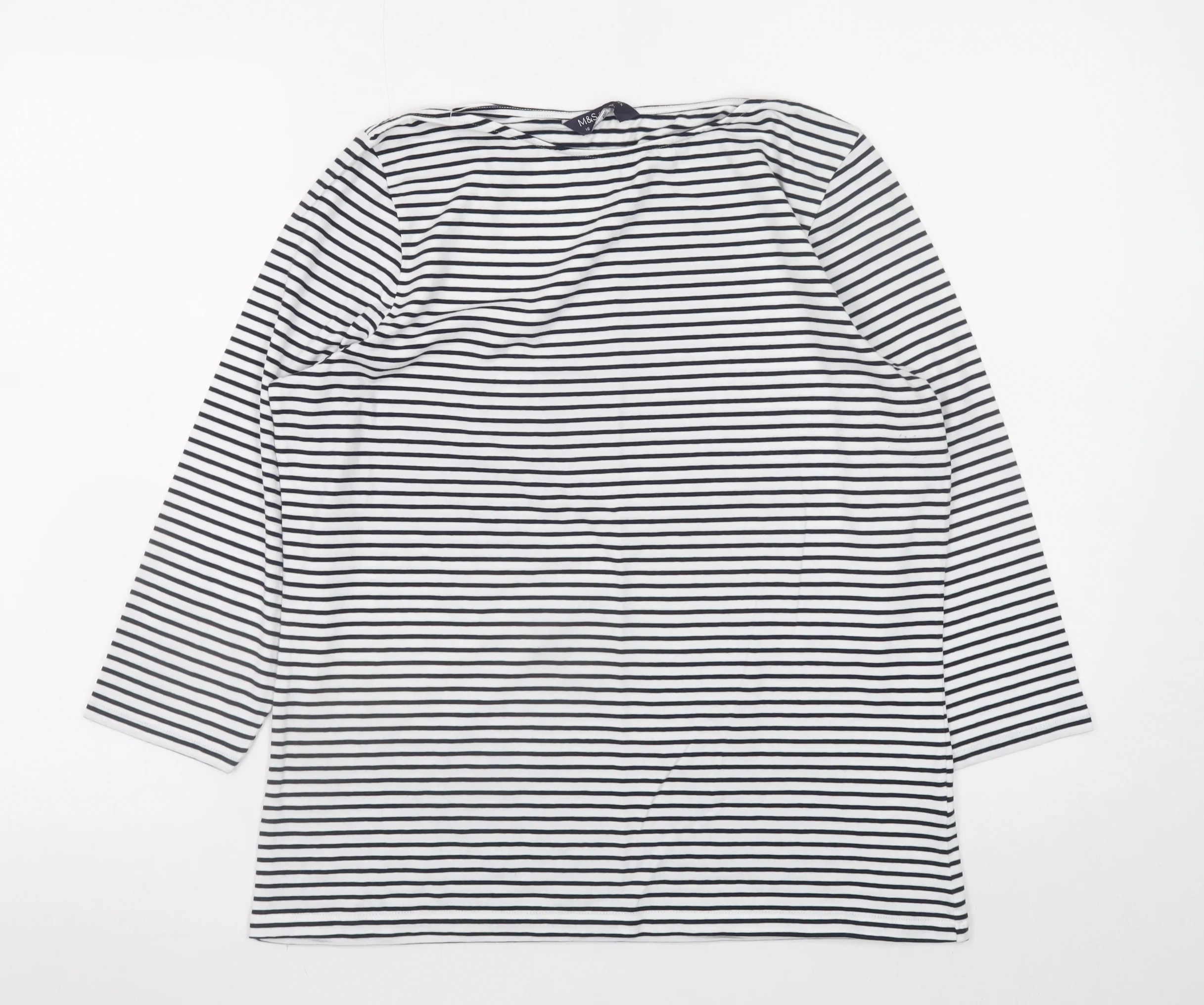 Marks and Spencer Women’s Navy Striped 3/4 Sleeve Cotton T-Shirt Size 16