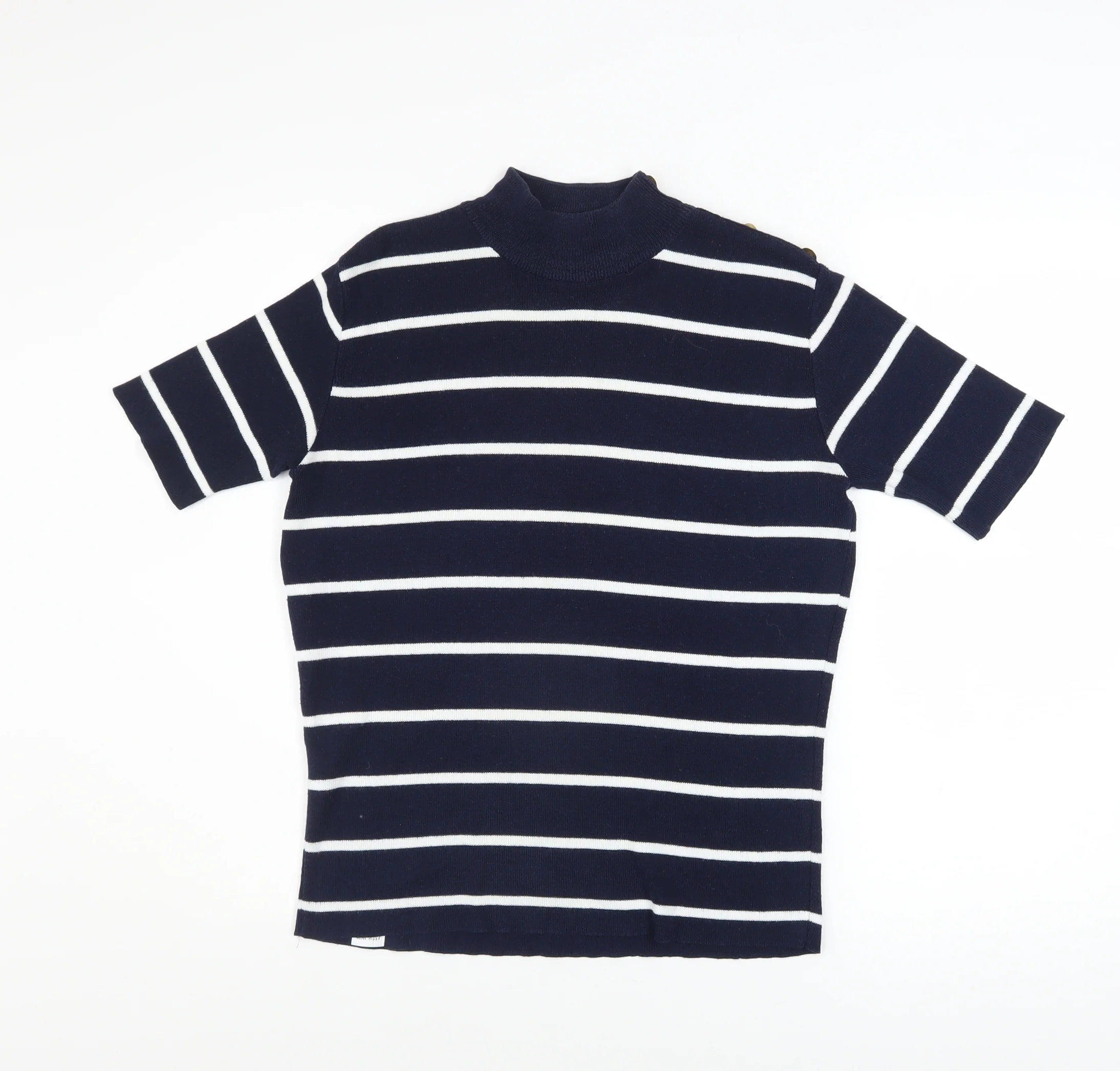 Marks and Spencer Women’s Navy Striped Knit Top UK 12 Mock Neck Short Sleeve - Image 3