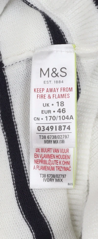 Marks and Spencer Women’s White Striped Flared Sleeve Jumper Size 18 - Image 4