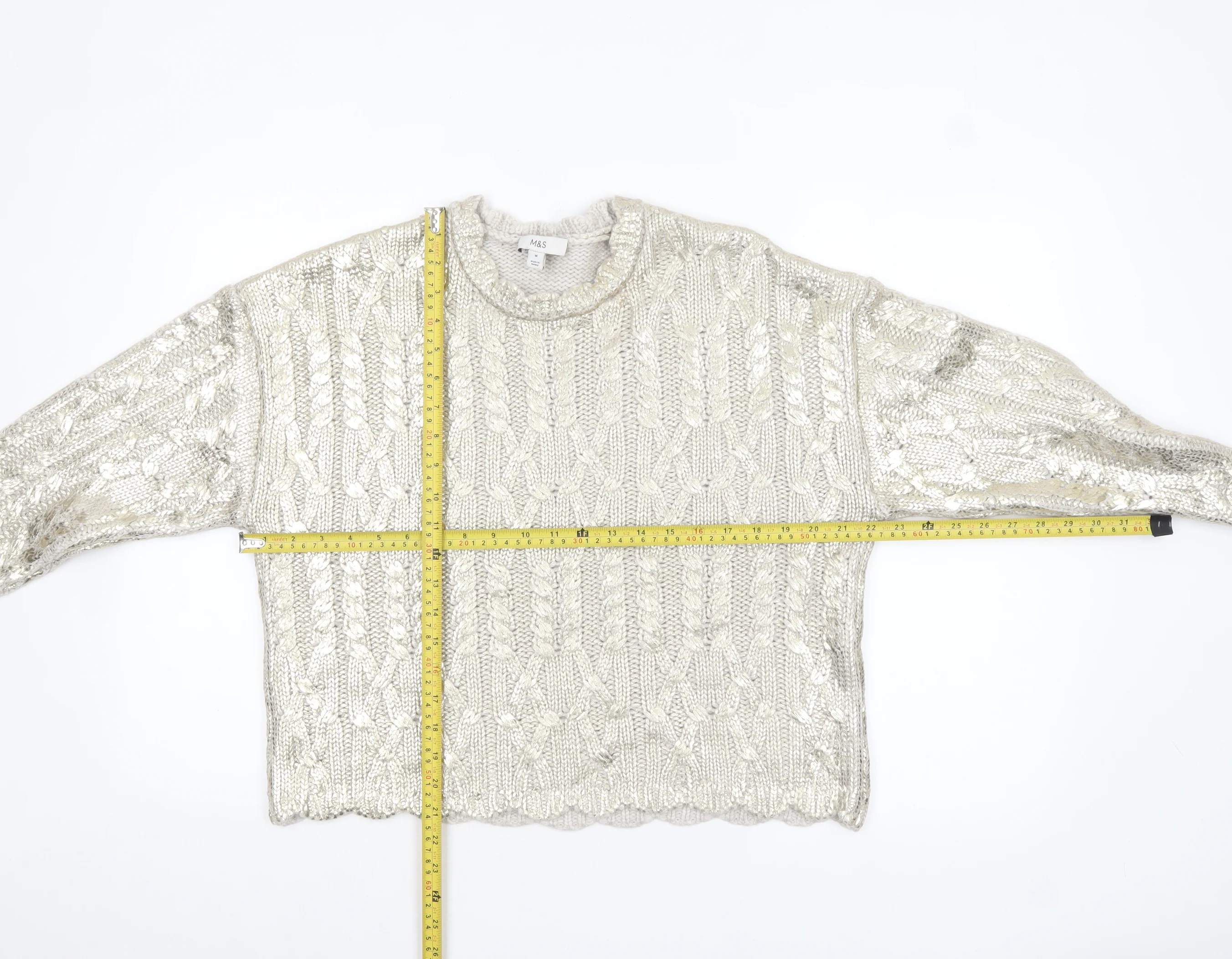 Marks and Spencer Women Silver Cable-Knit Metallic Jumper Size M - Image 2