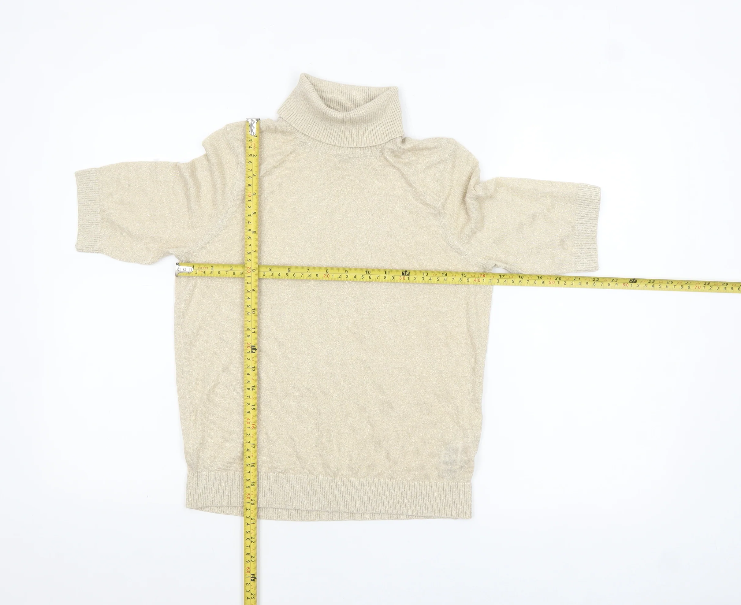 Marks and Spencer Womens Beige Glitter Roll Neck Short Sleeve Jumper XS - Image 2