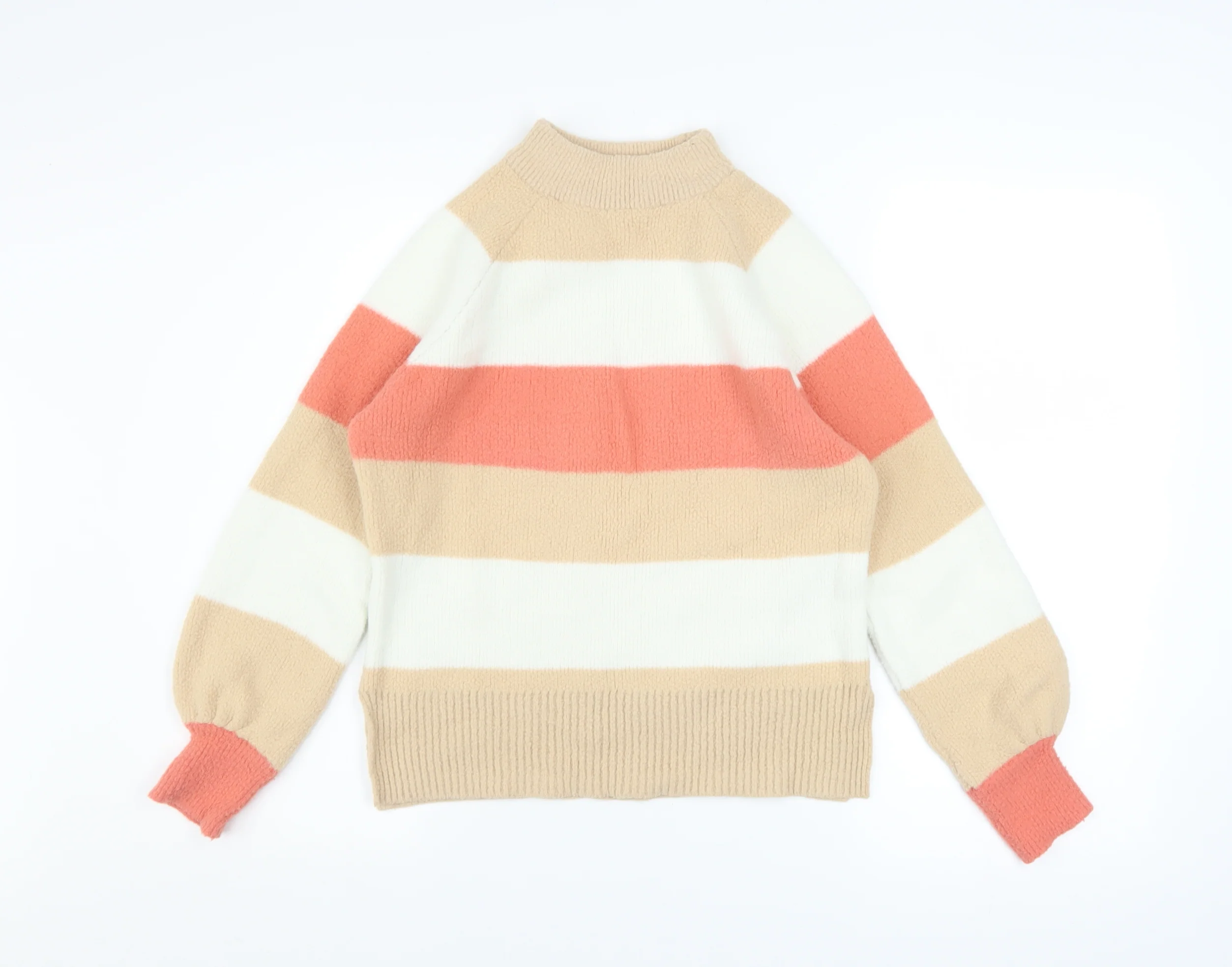 Marks and Spencer Women's Beige White Orange Striped High Neck Pullover Jumper Size S