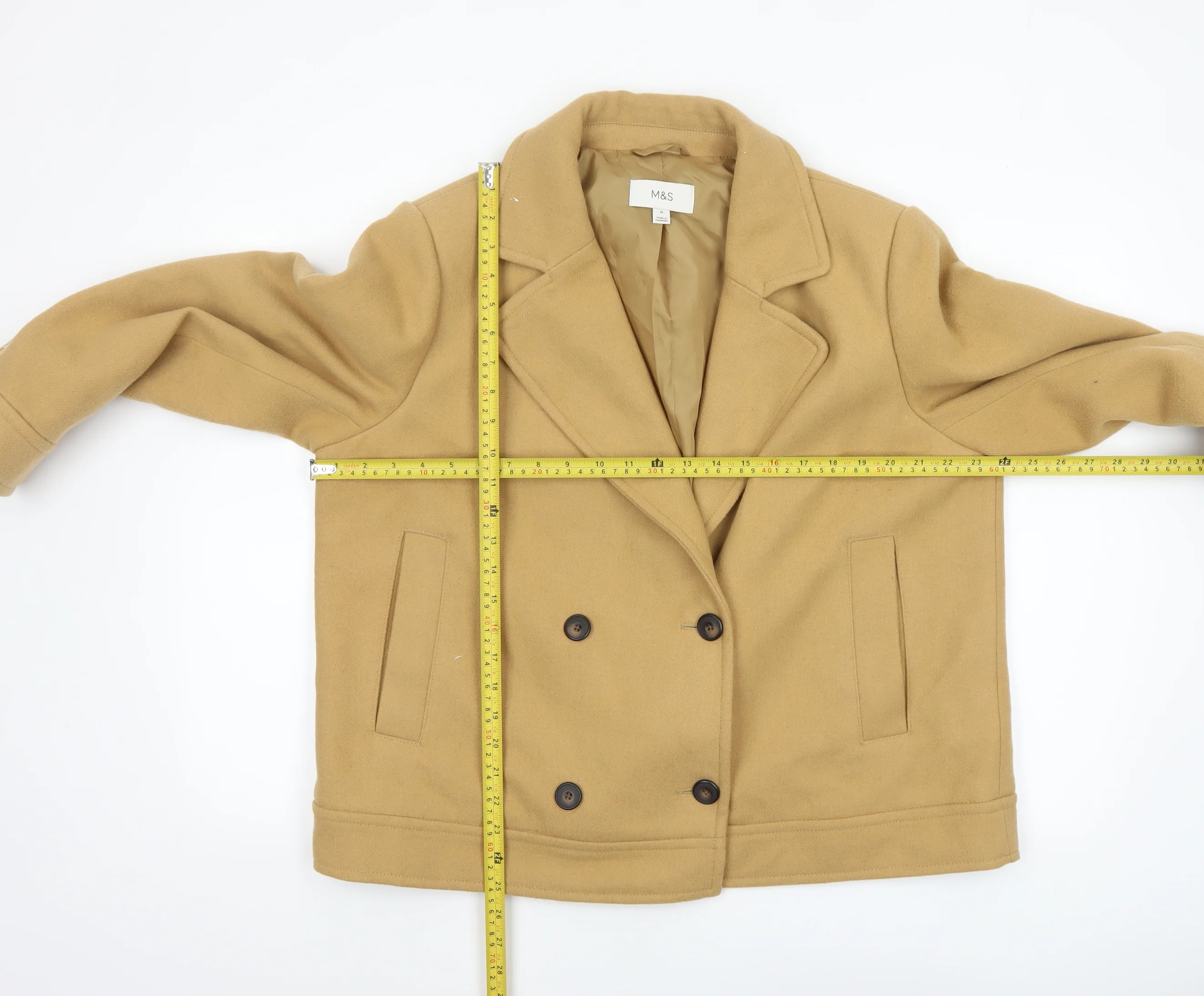 Marks and Spencer Womens Beige Wool Pea Coat Size 18 - Image 2