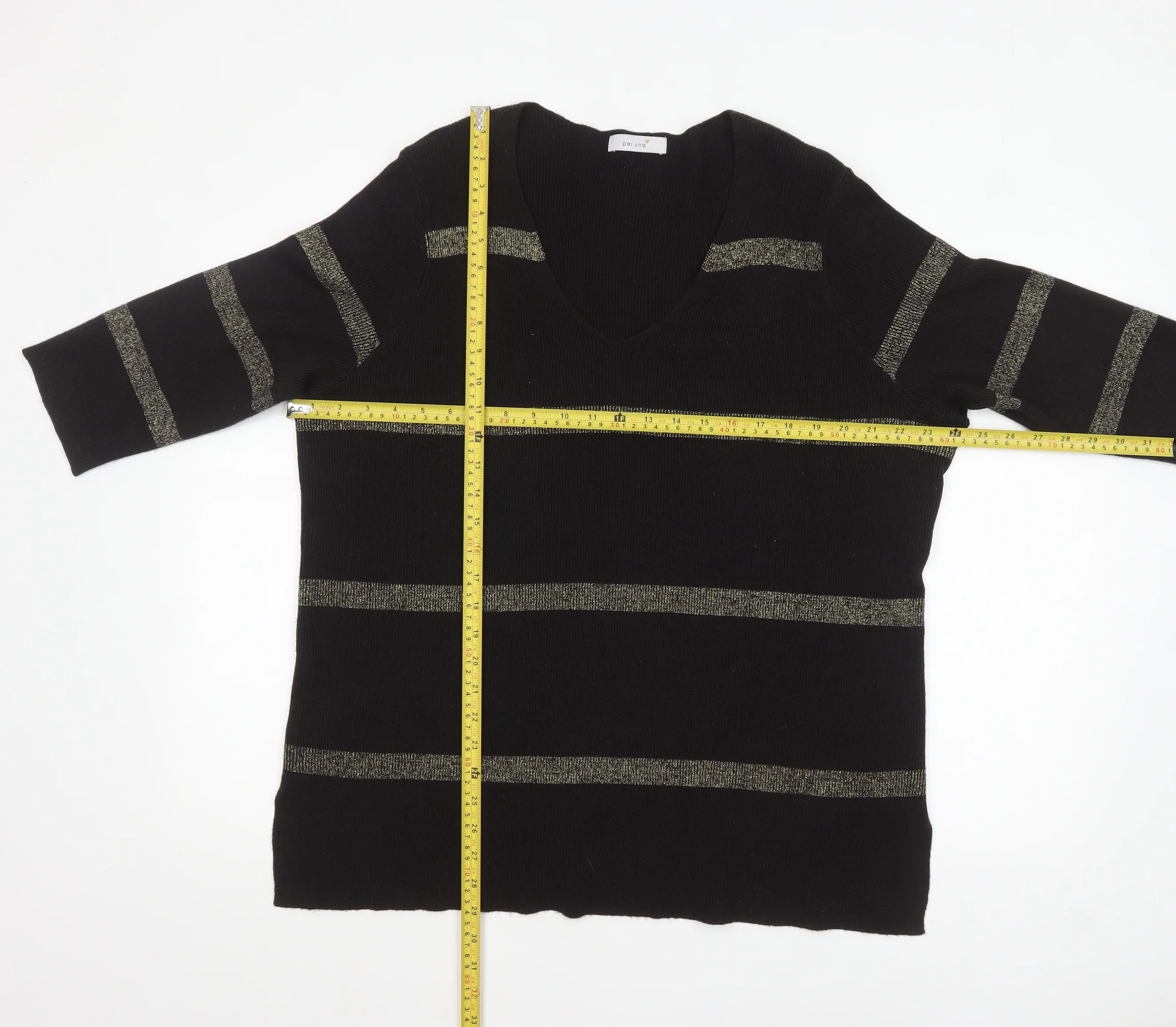 Marks and Spencer Womens Black Metallic Stripe V-Neck Jumper Size 18 - Image 2
