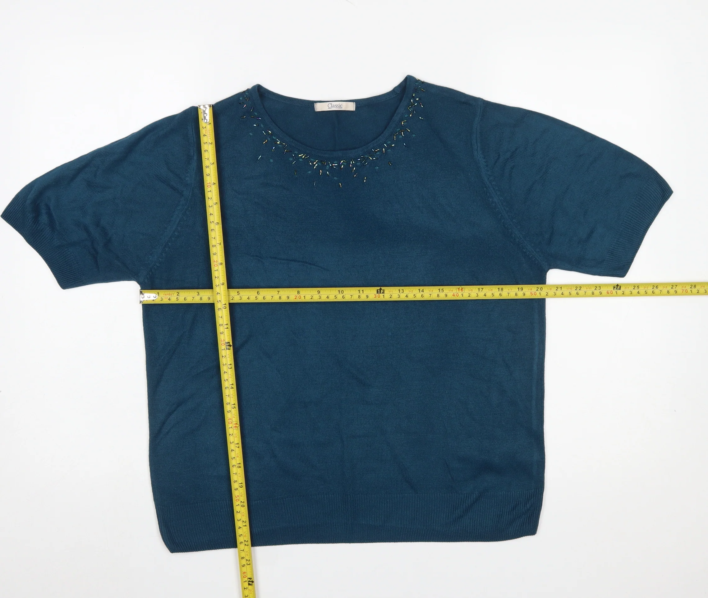 Marks and Spencer Women's Blue Beaded Short Sleeve Pullover Jumper Size 18 - Image 2