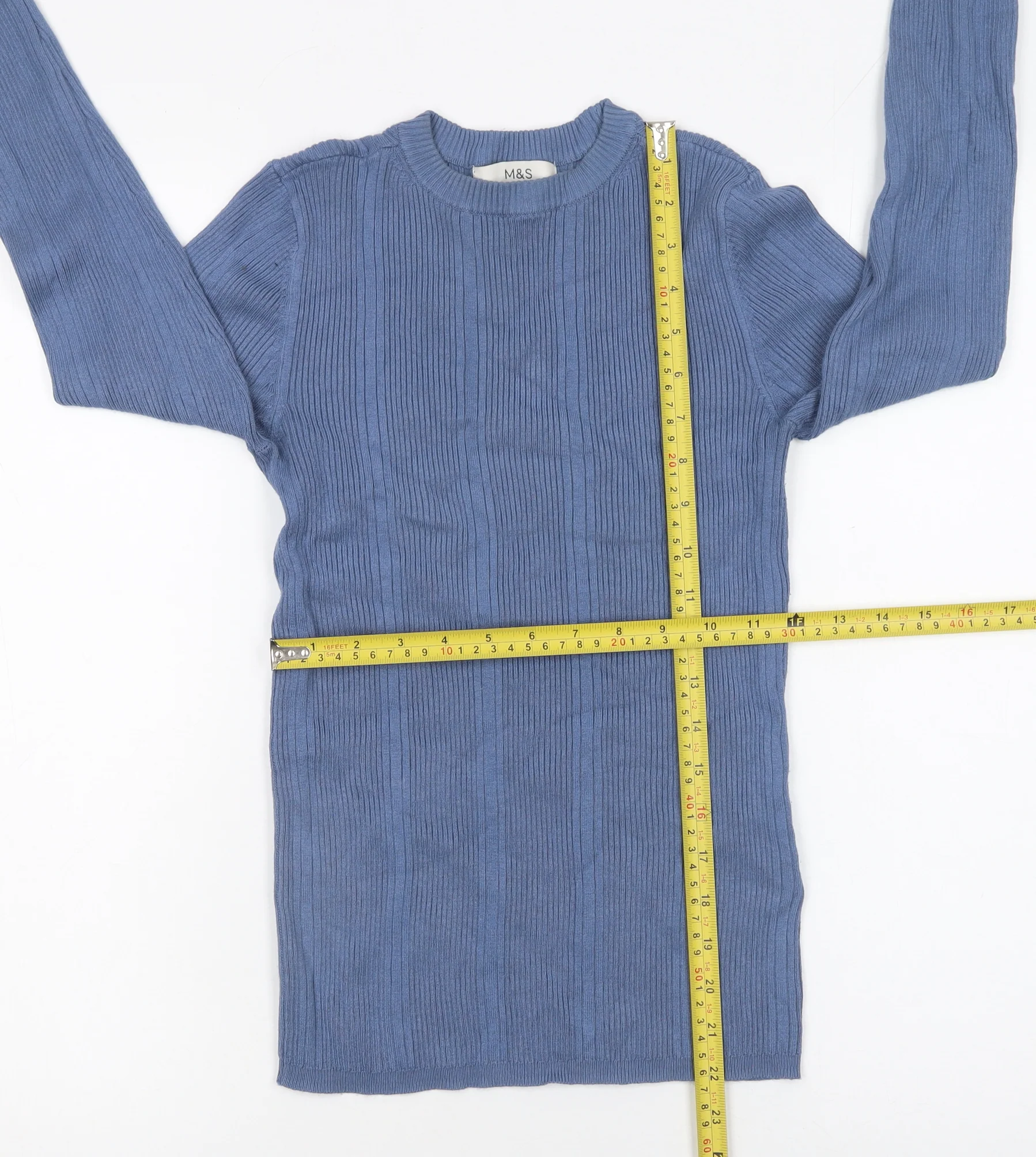 Marks and Spencer Women's Blue Ribbed Crew Neck Jumper Size 8 - Image 2