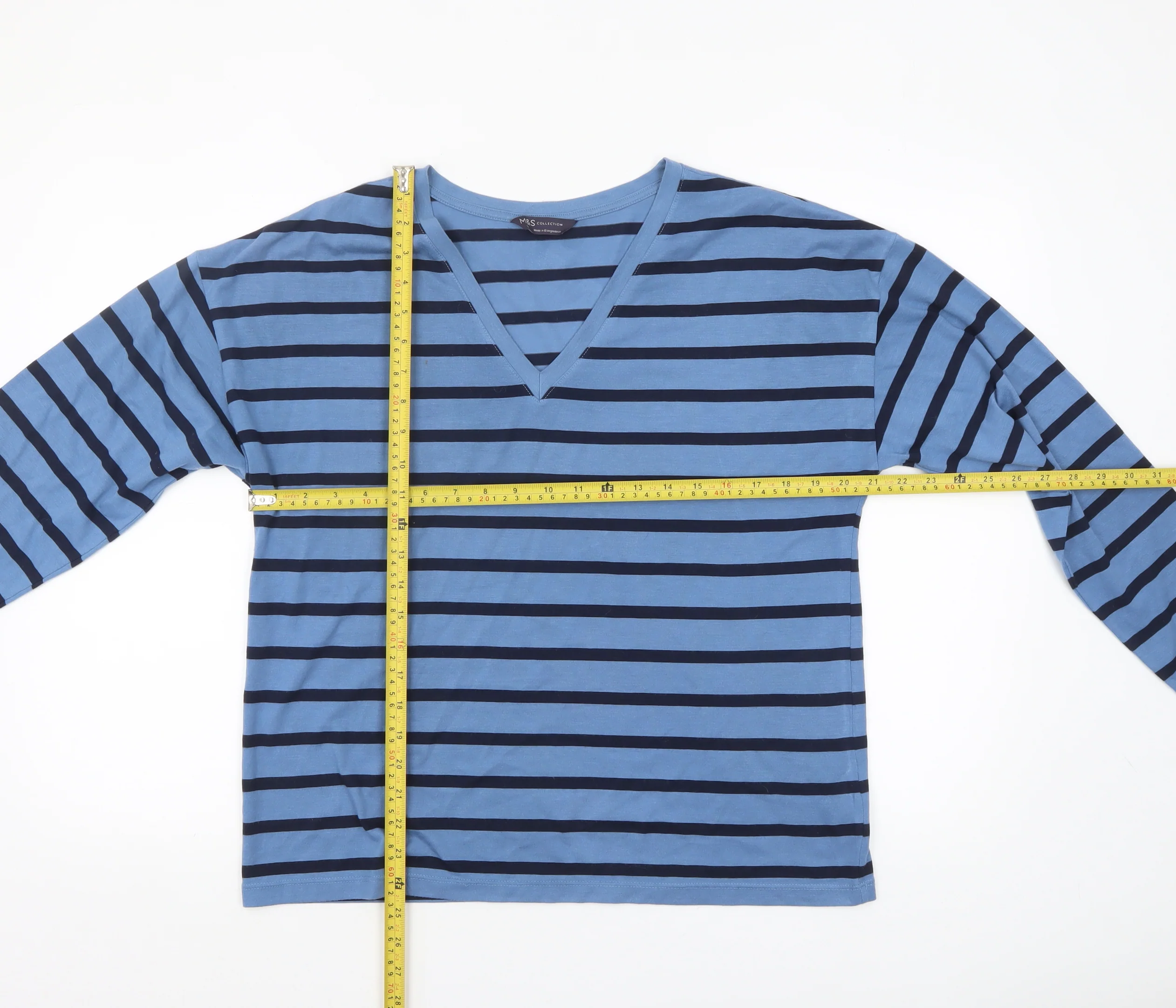 Marks and Spencer Women's Blue Striped V-Neck Long Sleeve T-Shirt Size 12 - Image 2