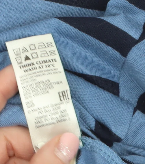 Marks and Spencer Women's Blue Striped V-Neck Long Sleeve T-Shirt Size 12 - Image 4