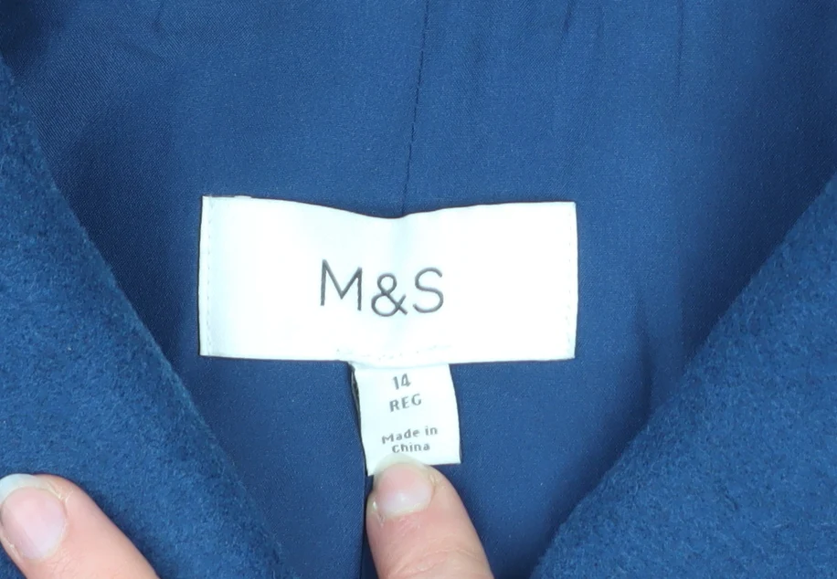 Marks and Spencer Women's Blue Wool Blend Mid-Length Overcoat Size 14 - Image 4