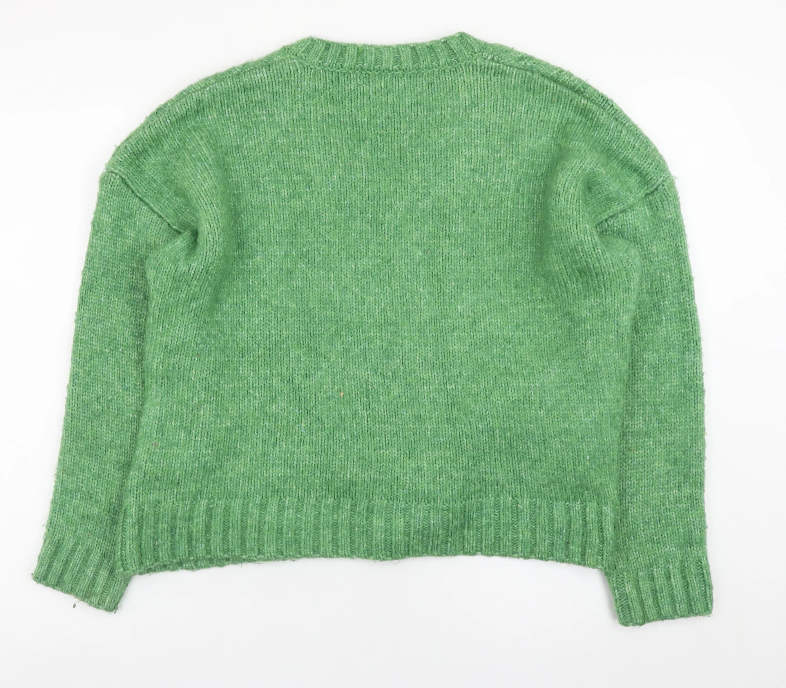Marks and Spencer Women's Green Cable-Knit V-Neck Jumper Size M - Image 3