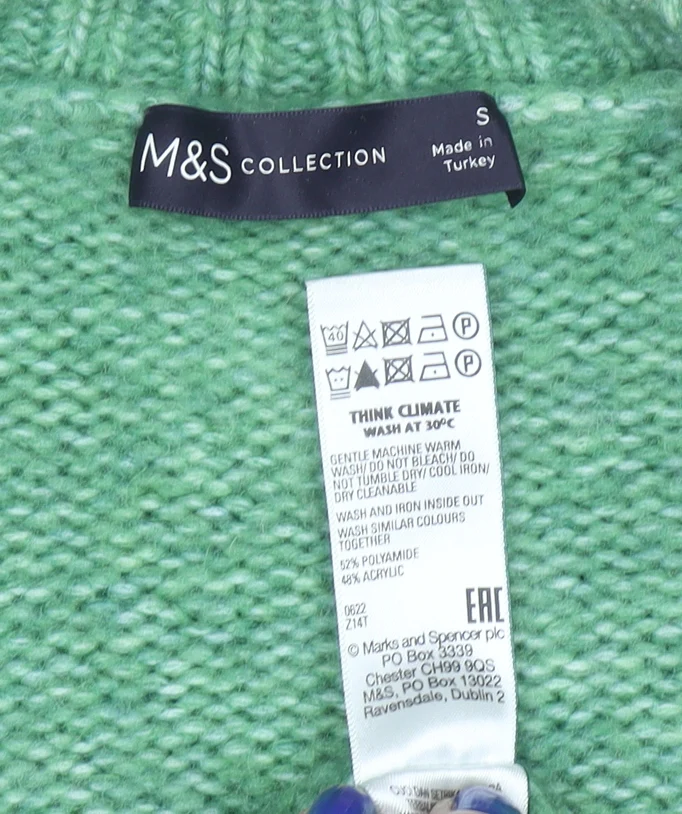 Marks and Spencer Womens Green Cable Knit V-Neck Pullover Jumper Size S - Image 4