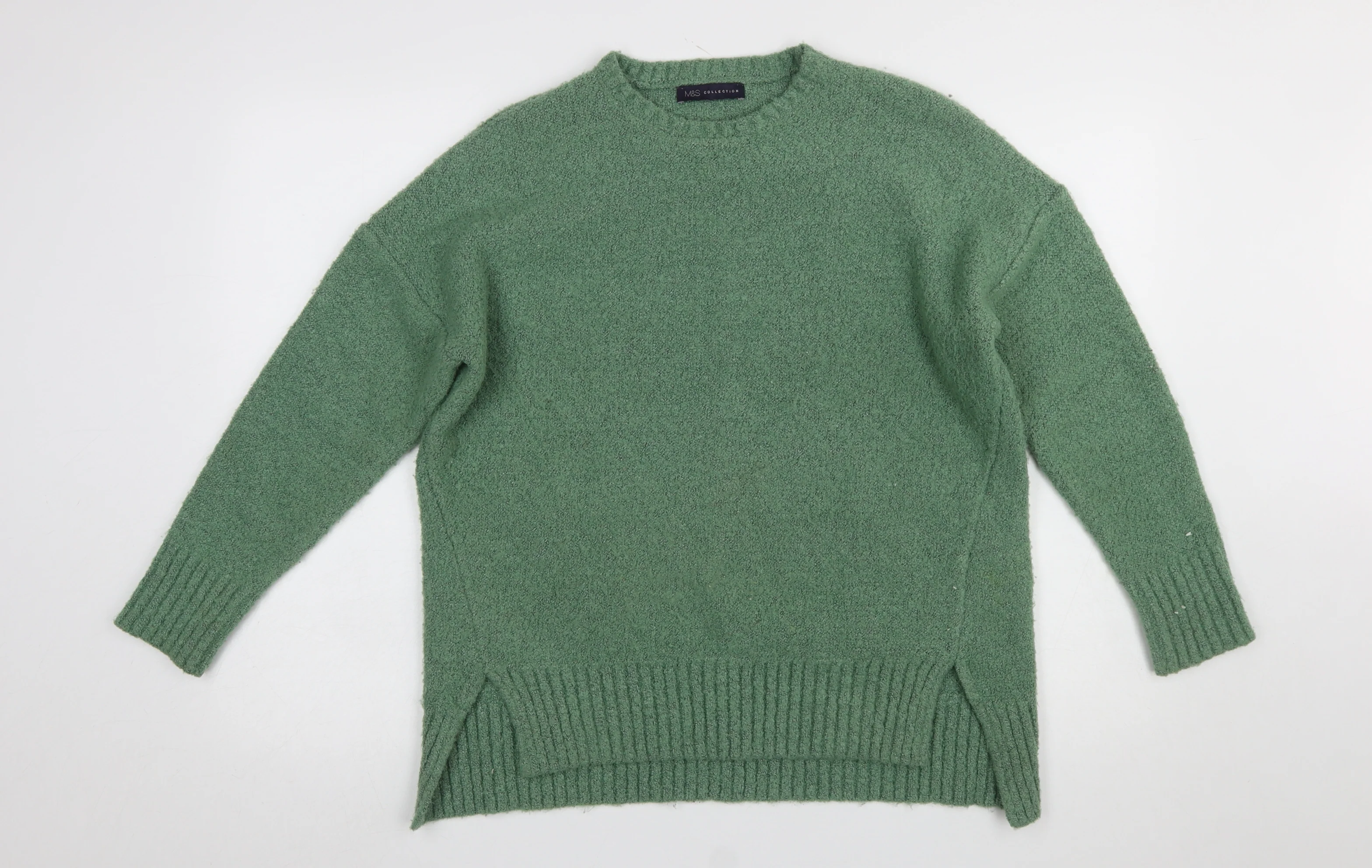 Marks and Spencer Women's Green Crew Neck Boucle Knit Jumper Size M