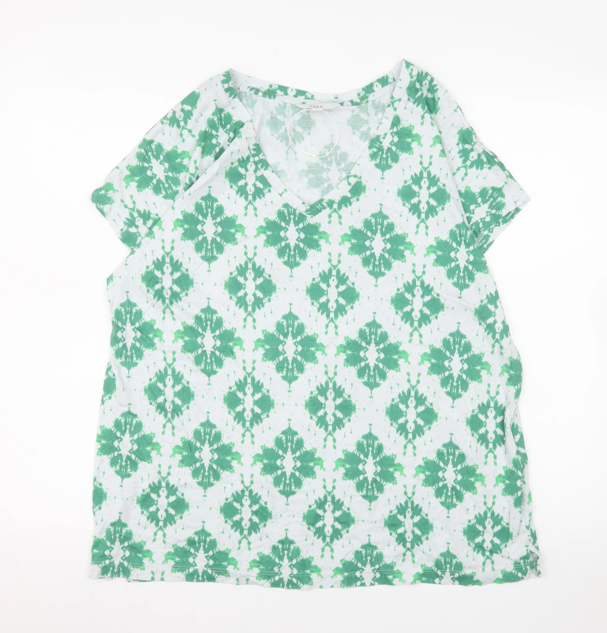 Marks and Spencer Women's Green Geometric V-Neck Cotton Modal T-Shirt Size 14