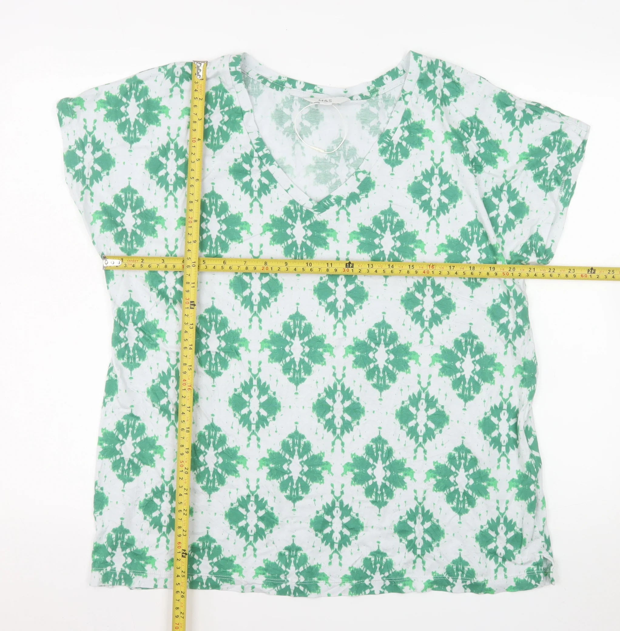Marks and Spencer Women's Green Geometric V-Neck Cotton Modal T-Shirt Size 14 - Image 2