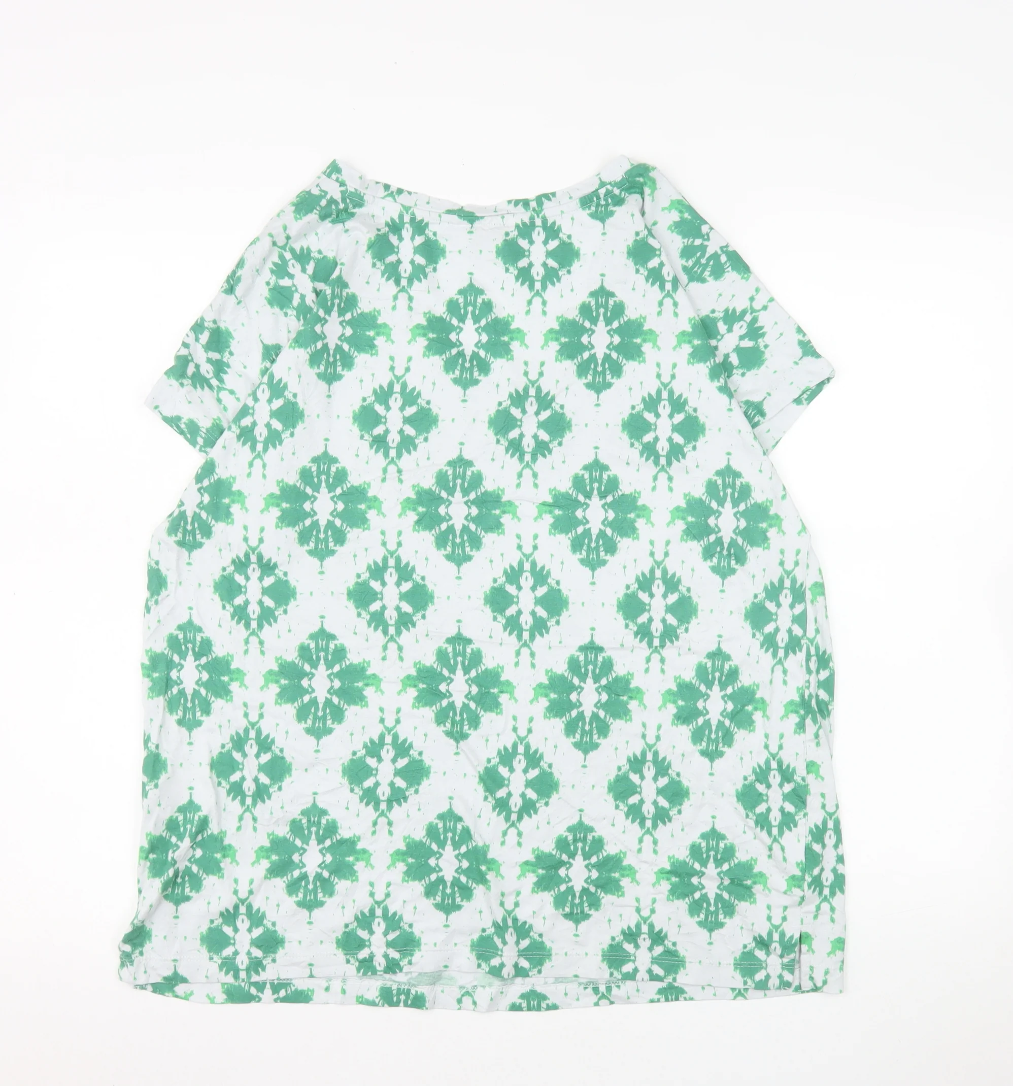 Marks and Spencer Women's Green Geometric V-Neck Cotton Modal T-Shirt Size 14 - Image 3
