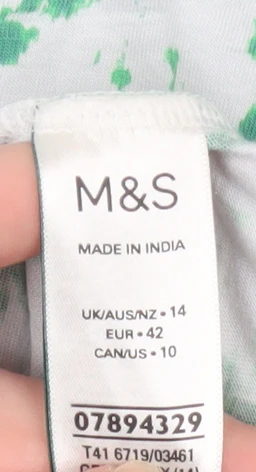 Marks and Spencer Women's Green Geometric V-Neck Cotton Modal T-Shirt Size 14 - Image 5