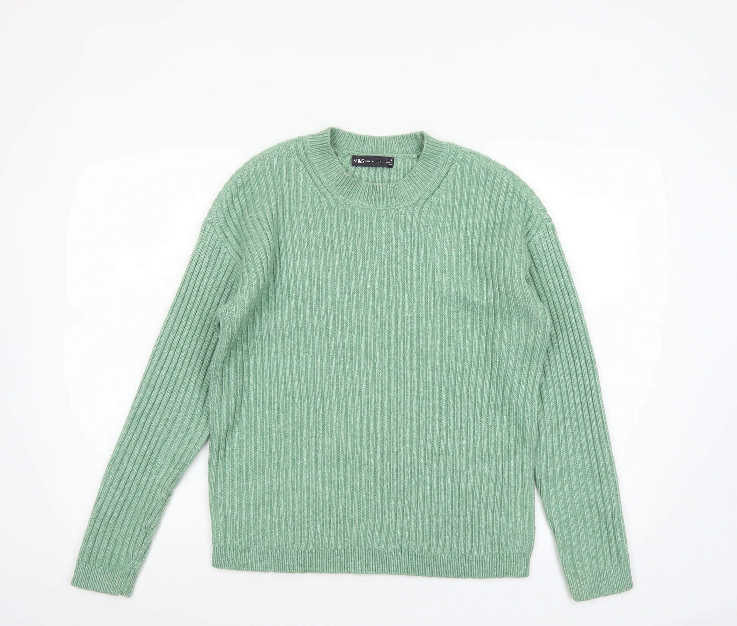 Marks and Spencer Women's Green Wool Blend Ribbed Crew Neck Jumper Size S
