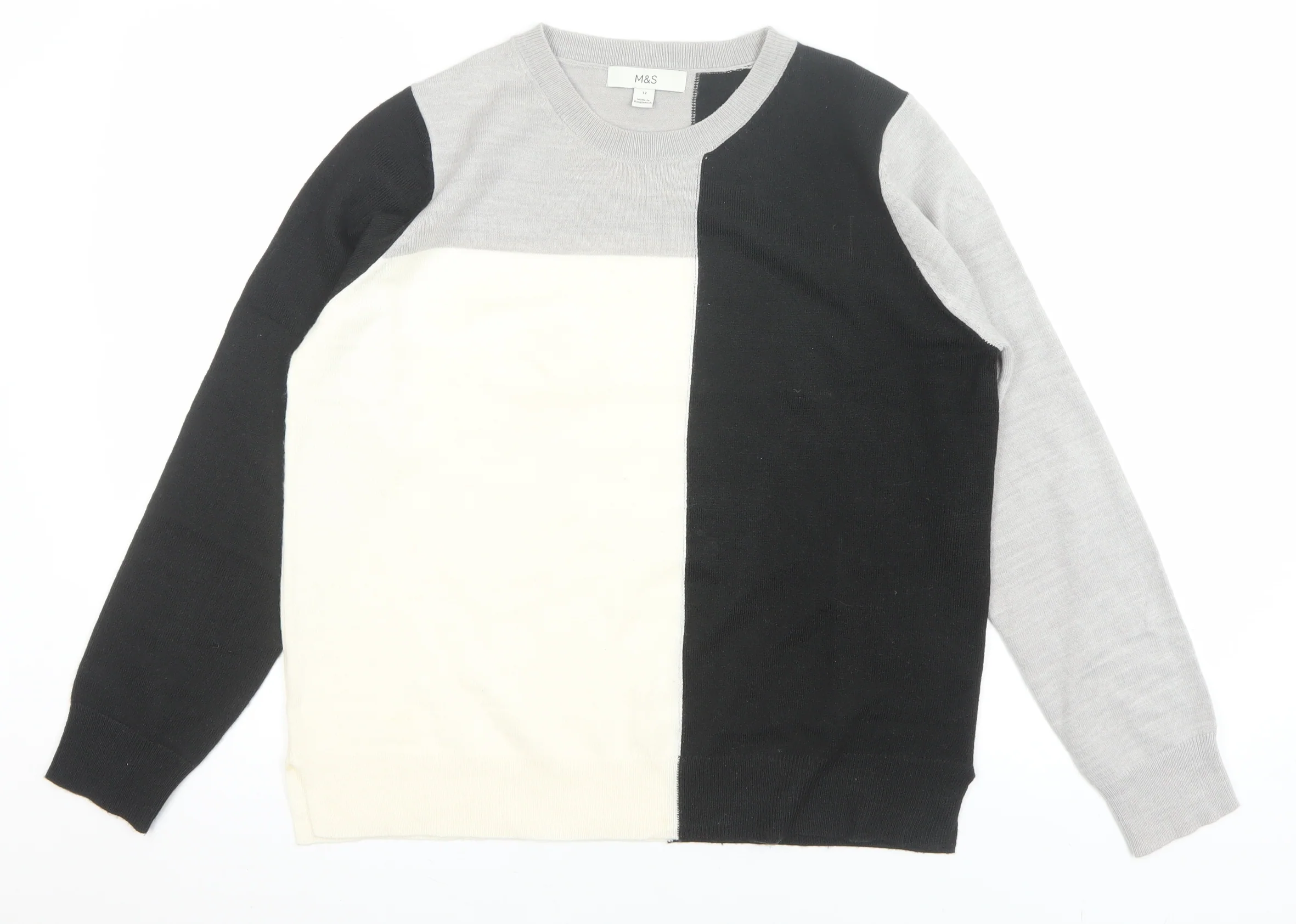 Marks and Spencer Womens Grey Black Colour Block Jumper Size 12 Acrylic Knit
