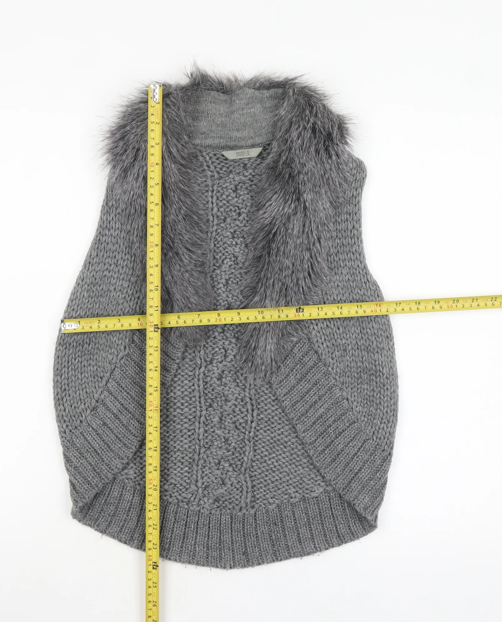 Marks and Spencer Womens Grey Fur Trim Chunky Knit Vest M - Image 2