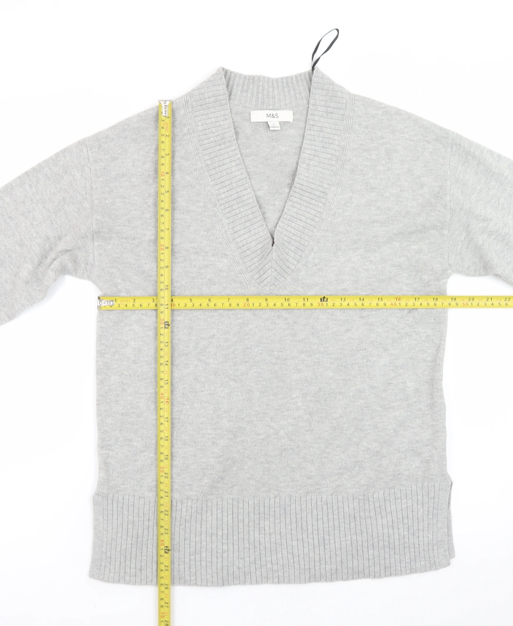 Marks and Spencer Womens Grey V-Neck Knit Jumper Small - Image 2