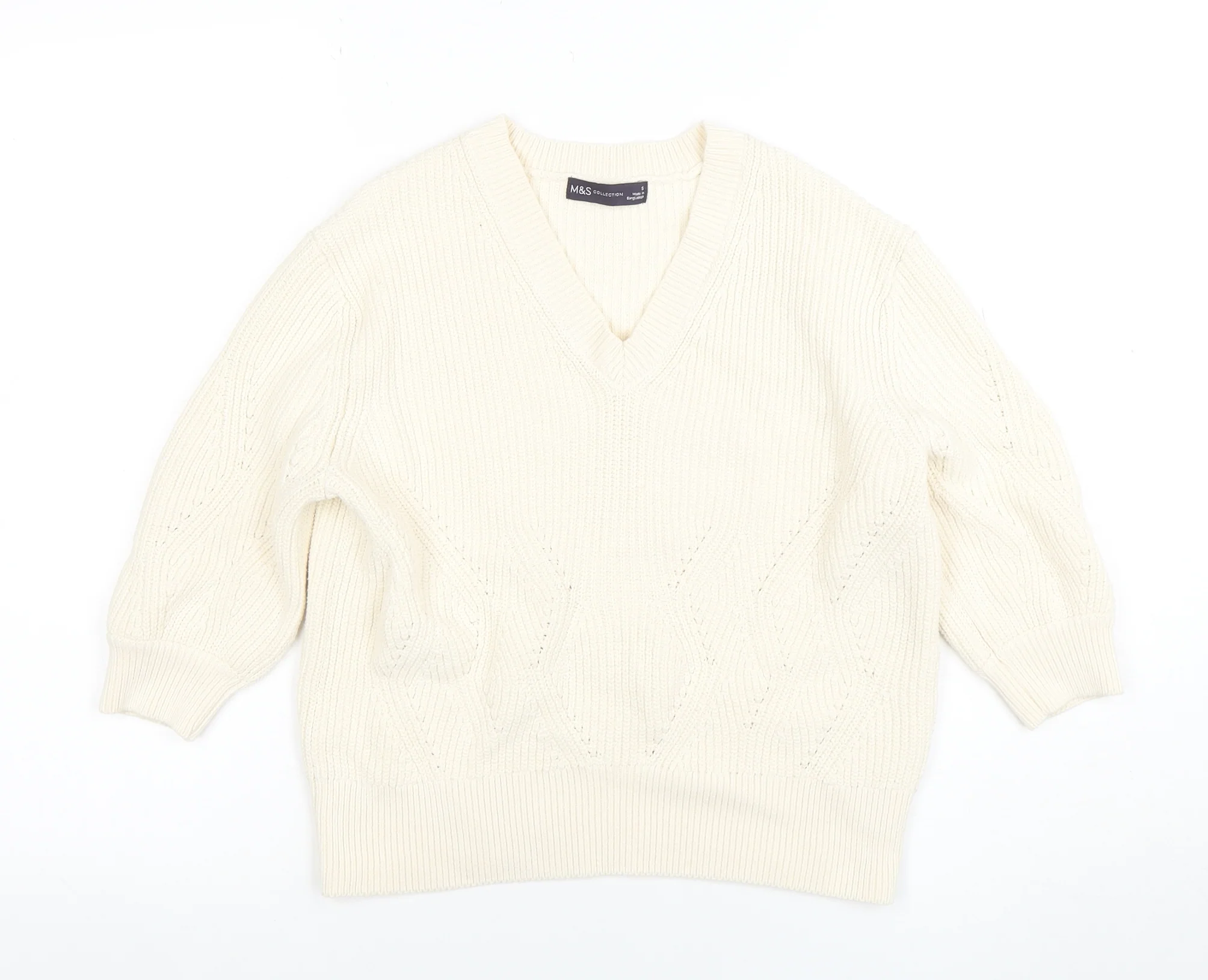 Marks and Spencer Women's Ivory V-Neck Cable-Knit Jumper Size S
