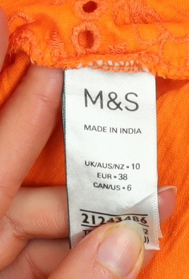 Marks and Spencer Womens Orange Embroidered Cotton T-Shirt Size 10 - Image 4