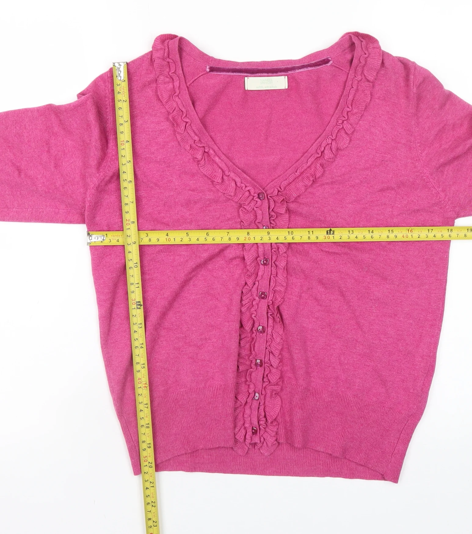 Marks and Spencer Womens Pink Ruffle Cardigan Size 12 V-Neck Knit - Image 2