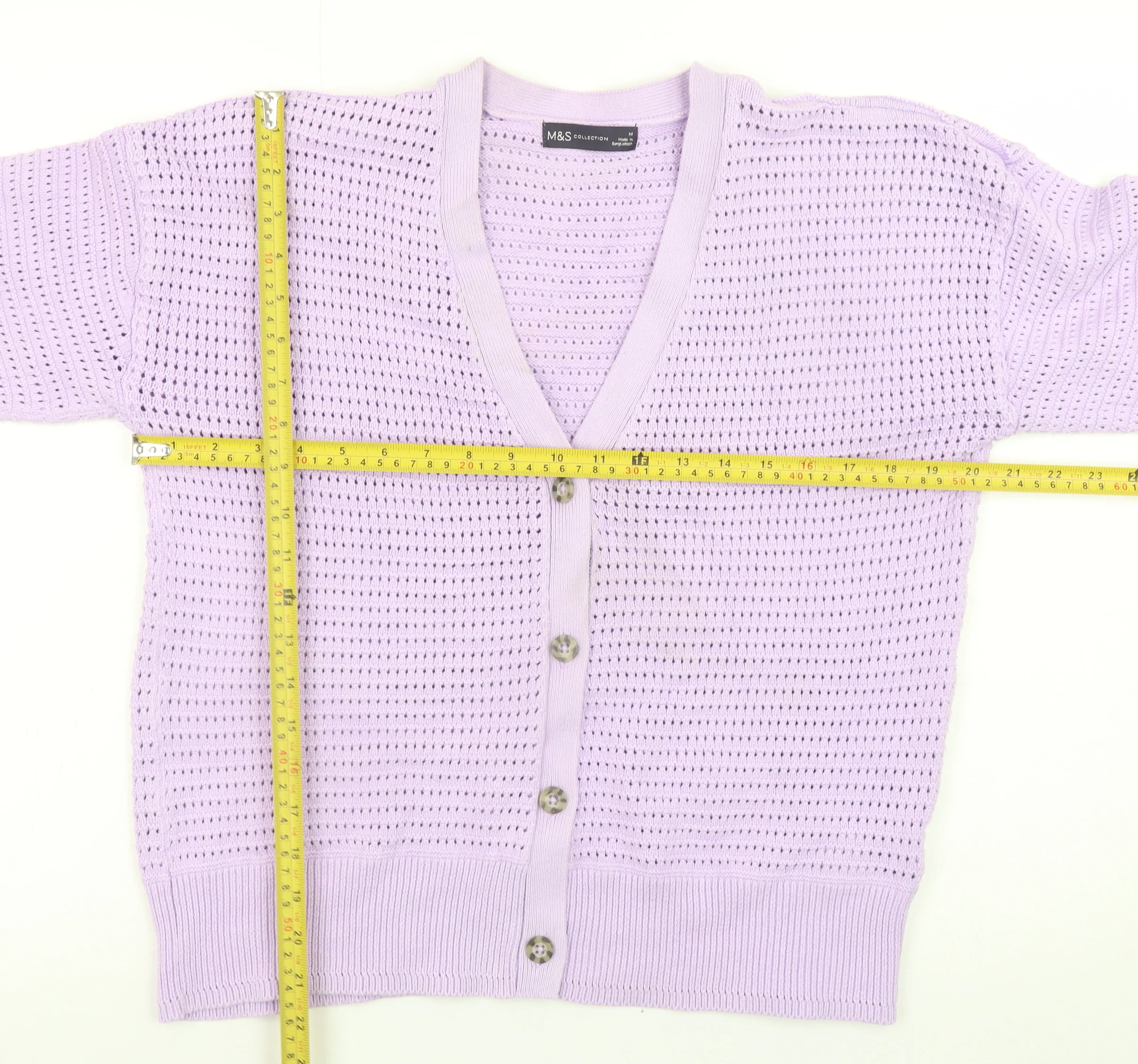 Marks and Spencer Womens Purple Open Knit V-Neck Button Cardigan M - Image 2
