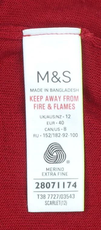 Marks and Spencer Women's Red Roll Neck Merino Wool Jumper Size 12 - Image 4