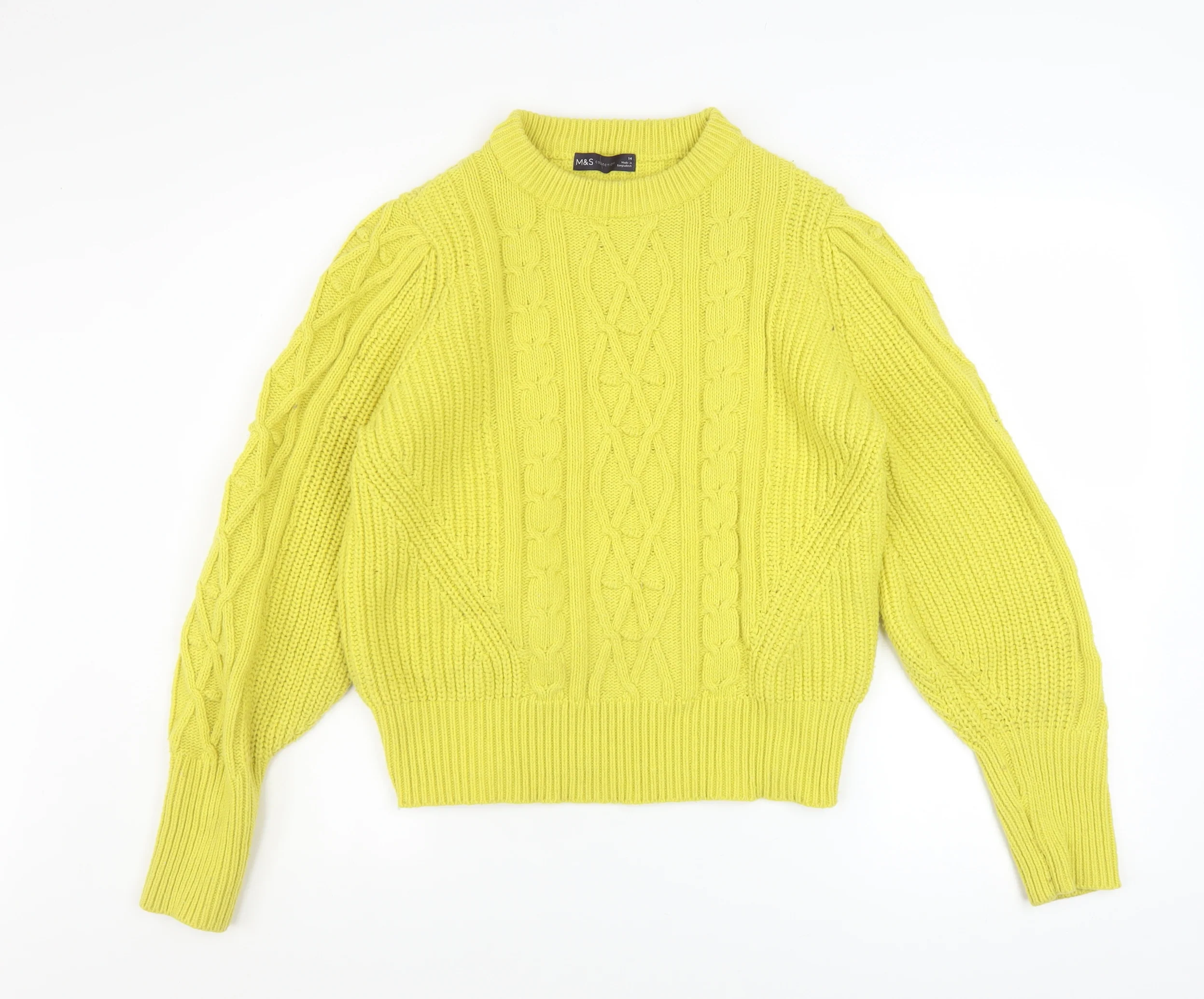 Marks and Spencer Womens Yellow Cable-Knit Pullover Jumper Size 14