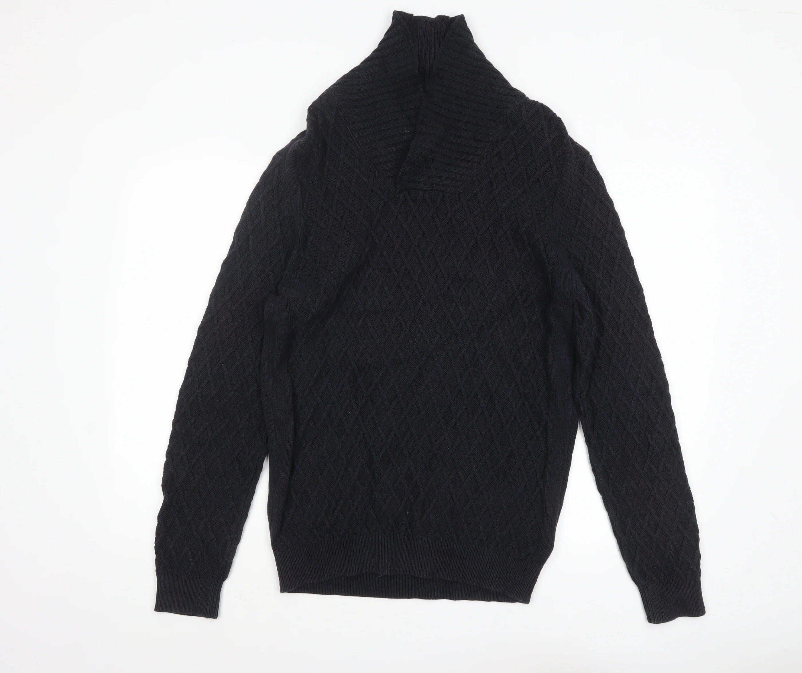 Massimo Dutti Men’s Black Cotton Cable Knit Roll Neck Jumper L