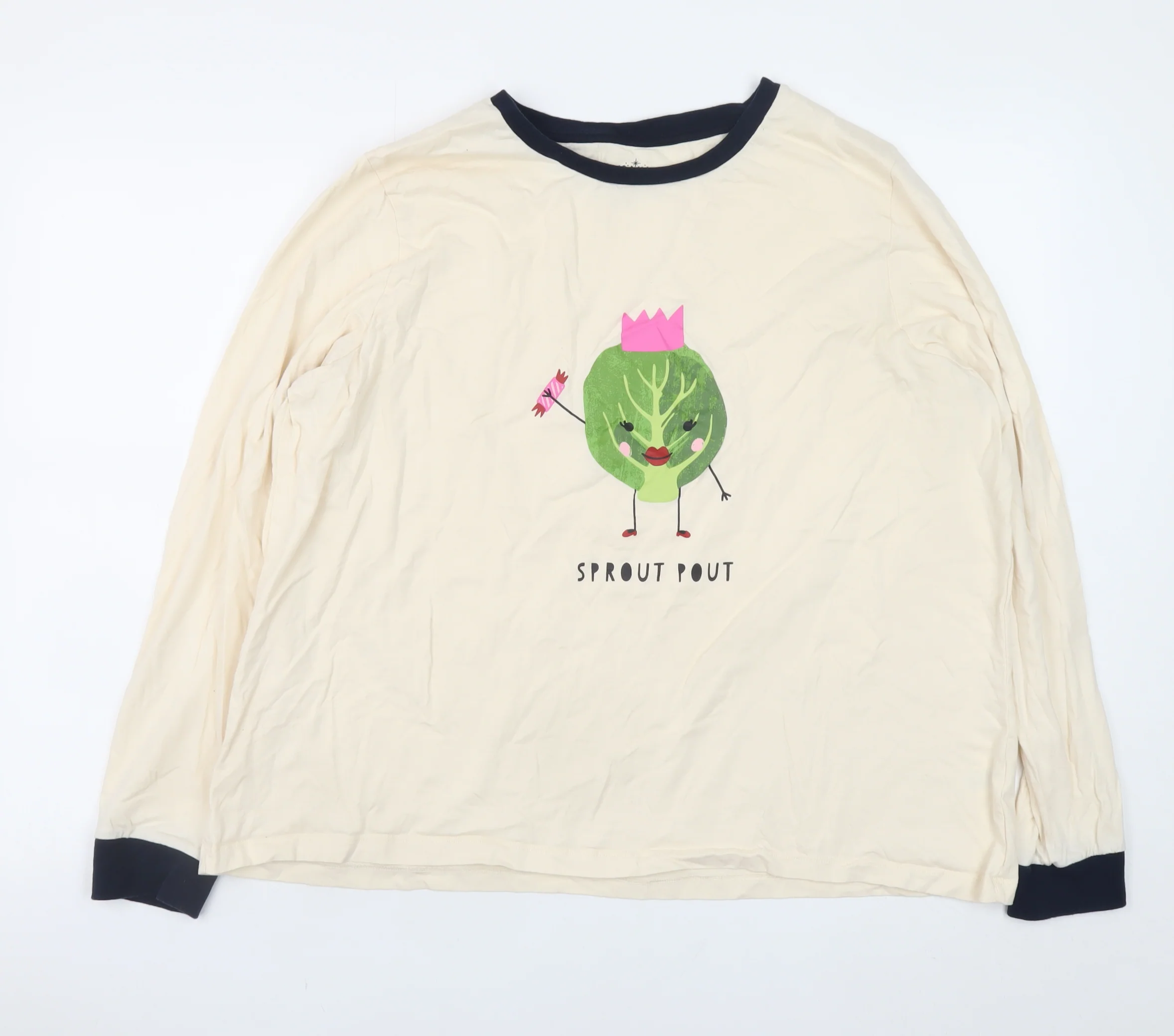 Matalan Women’s Beige Christmas Sprout Pout Long Sleeve Ringer T-Shirt XL