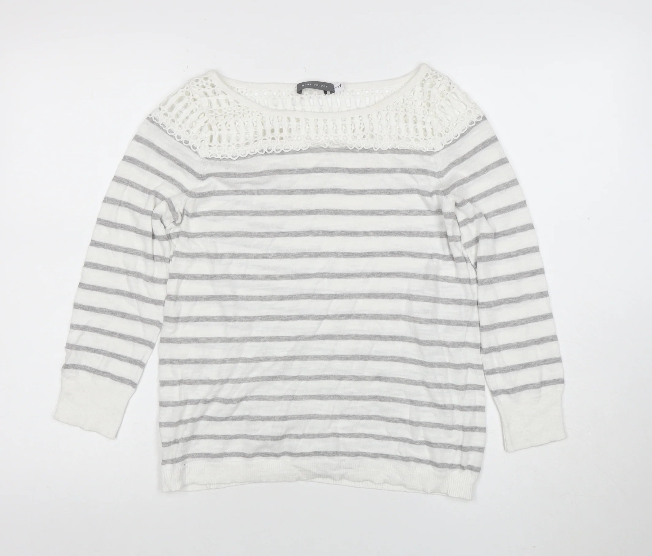 Mint Velvet Women’s Grey Striped Crochet Knit Cotton Jumper Size 8