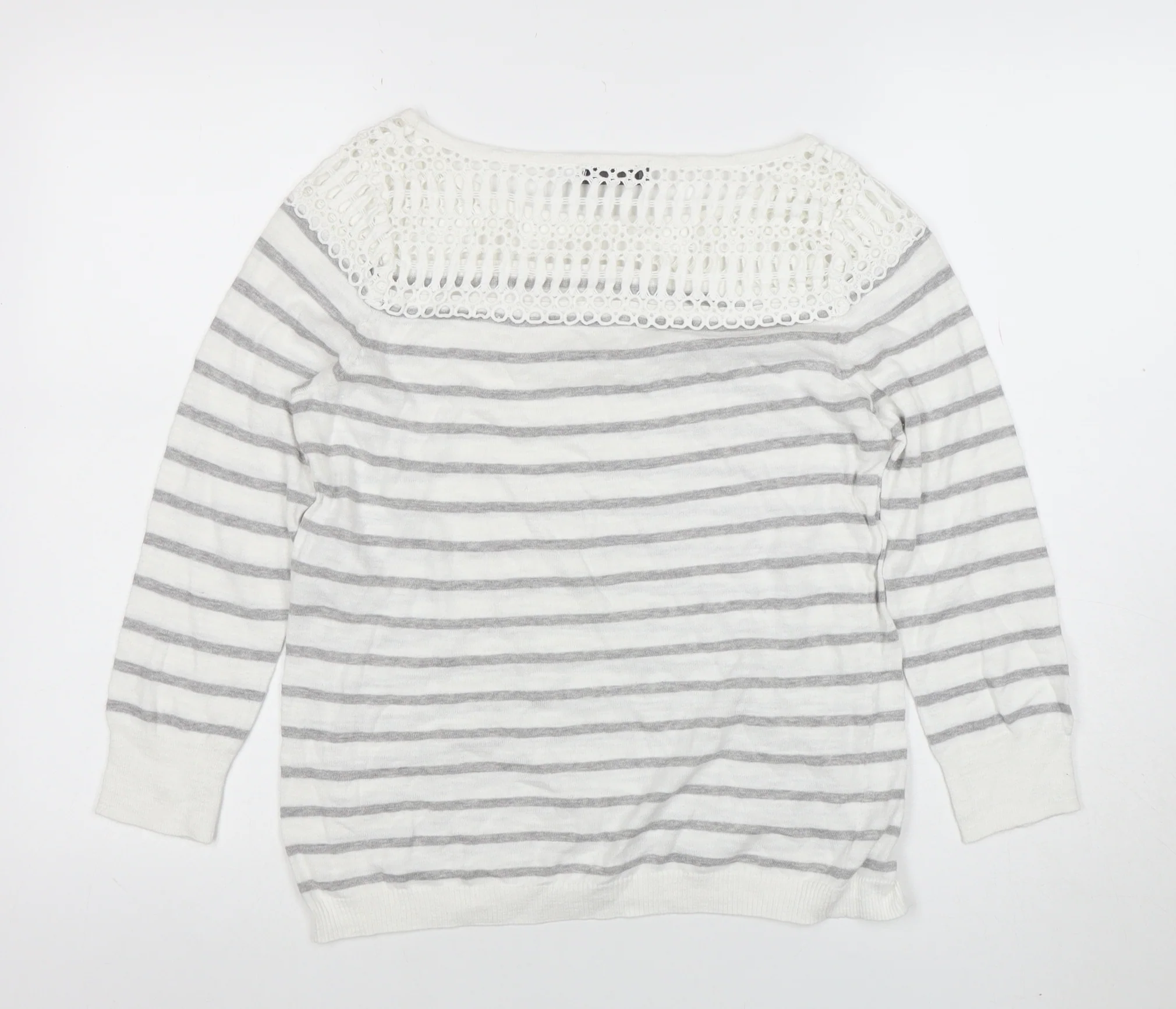 Mint Velvet Women’s Grey Striped Crochet Knit Cotton Jumper Size 8 - Image 3