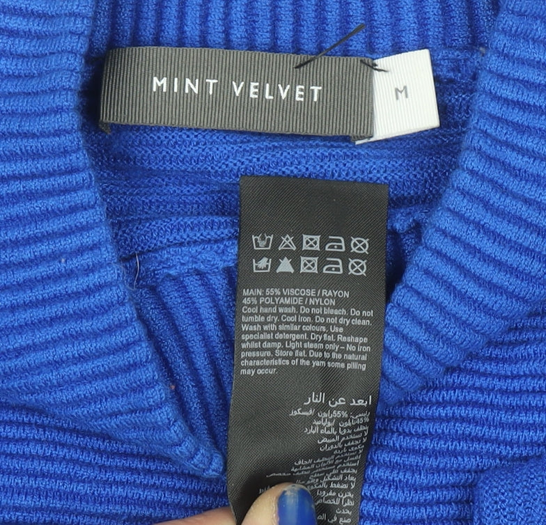 Mint Velvet Women's Blue Mock Neck Rib Knit Pullover Jumper Size M - Image 4