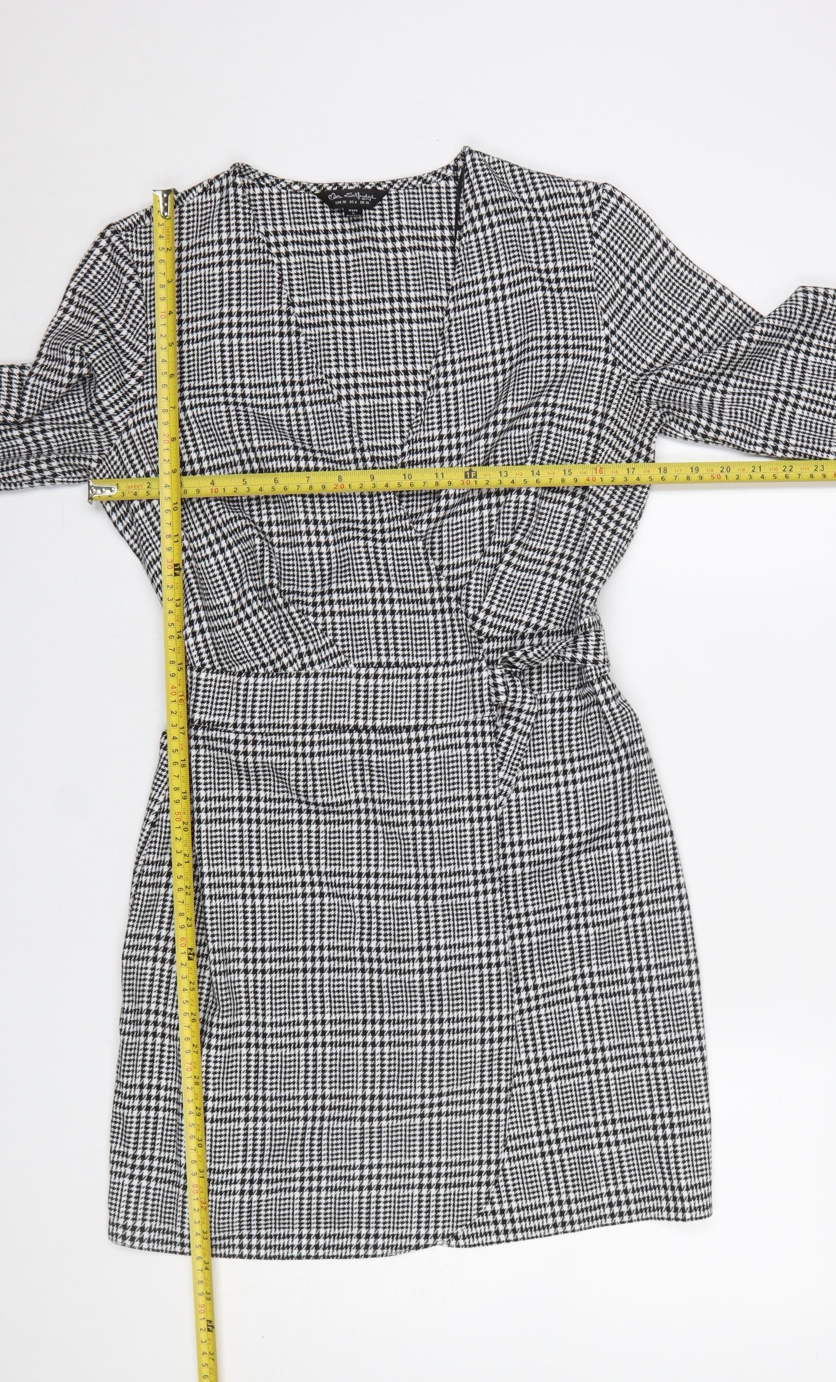 Miss Selfridge Women Black Check Wrap Dress Size 10 Long Sleeve - Image 2