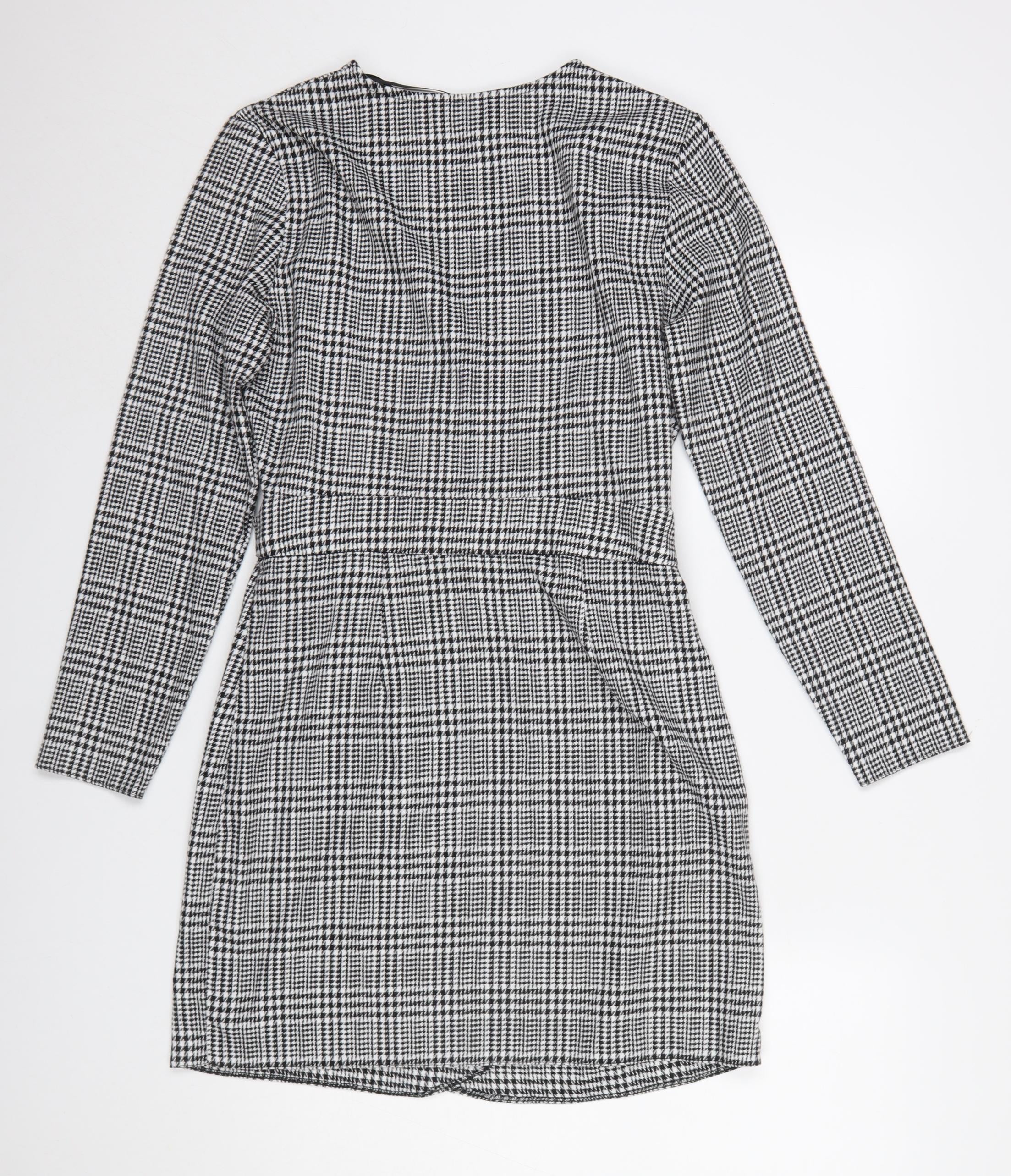 Miss Selfridge Women Black Check Wrap Dress Size 10 Long Sleeve - Image 3