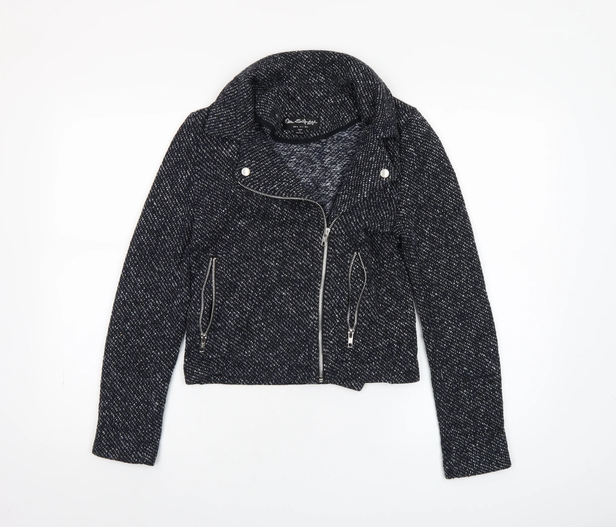 Miss Selfridge Women Black Tweed Biker Jacket UK 8 Cropped Zip Style