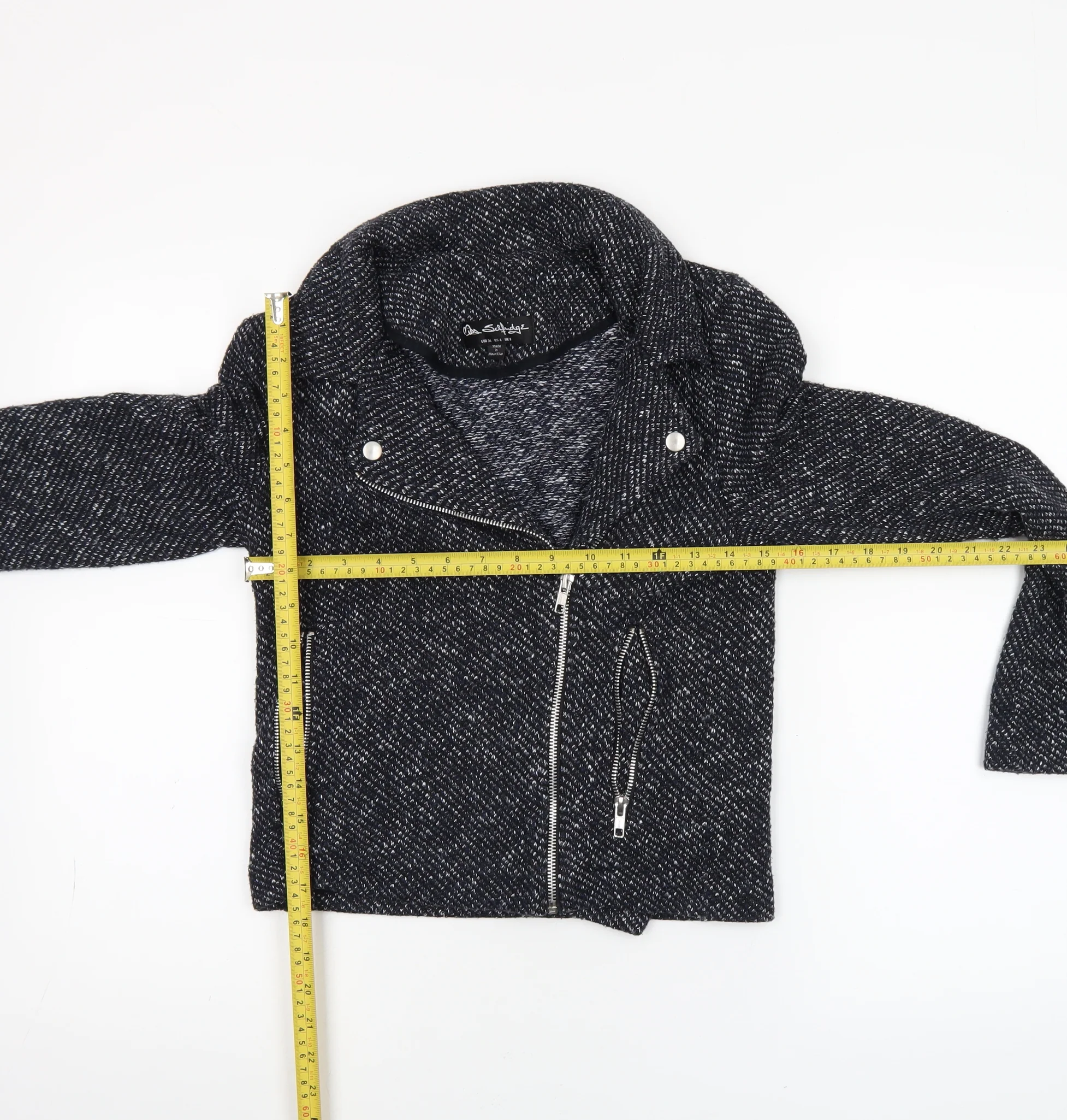 Miss Selfridge Women Black Tweed Biker Jacket UK 8 Cropped Zip Style - Image 2